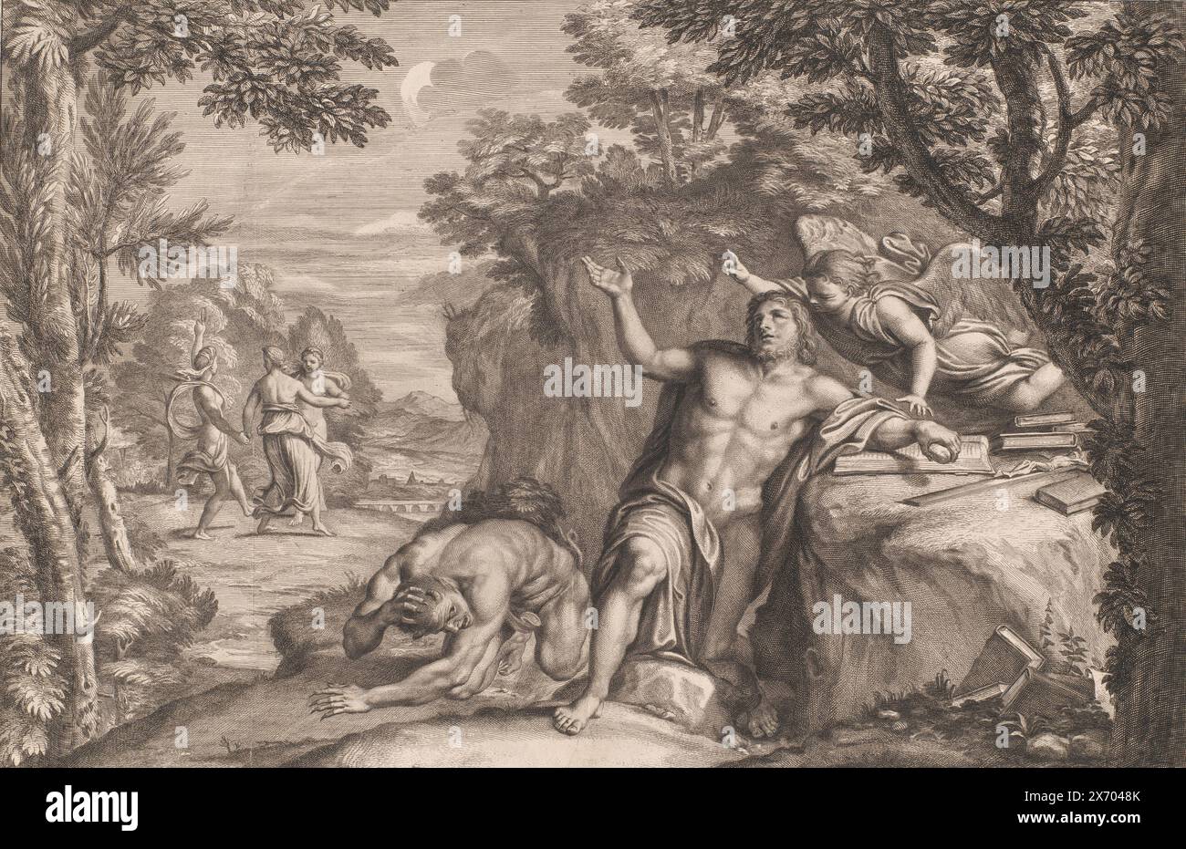 Temptation of Jerome in the Desert, print maker: Gérard Audran, dopo la pittura di: Domenichino, editore: Gérard Audran, tipografo: Francia, editore: Parigi, 1650 - 1703, carta, incisione, incisione, altezza, 404 mm x larghezza, 555 mm Foto Stock