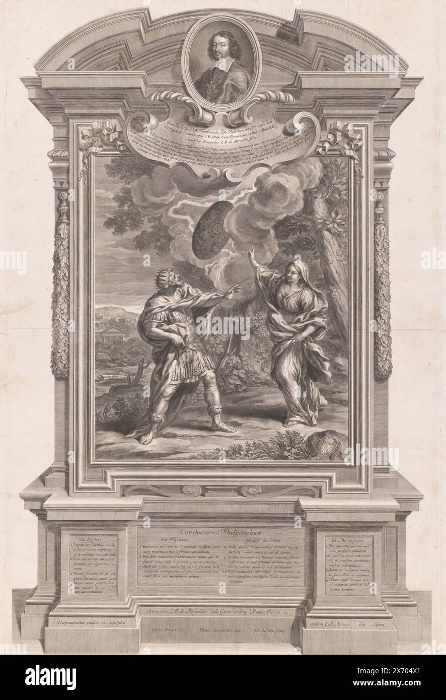 Re Numa riceve lo scudo sacro, stampa, tipografo: Jean Louis Roullet, (menzionato sull'oggetto), dopo disegno di: Pietro Locatelli, (menzionato sull'oggetto), dopo pittura di: Ciro Ferri, (menzionato sull'oggetto), 1655 - 1699, carta, incisione, incisione, altezza, 736 mm x larghezza, 482 mm Foto Stock