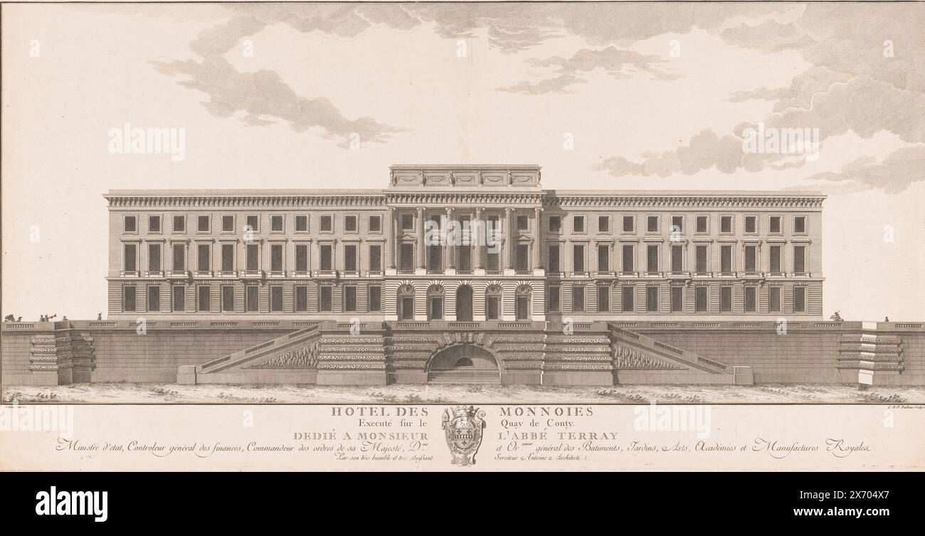 Vista del Hôtel de la Monnaie, Hotel des Monnoies (titolo sull'oggetto), stampa, tipografo: Claude René Gabriel Poulleau (menzionato sull'oggetto), su disegno di: Jacques-Denis Antoine, (menzionato sull'oggetto), Jacques-Denis Antoine, (menzionato sull'oggetto), 1759 - 1801, carta, incisione, incisione, altezza, 384 mm x larghezza, 767 mm Foto Stock