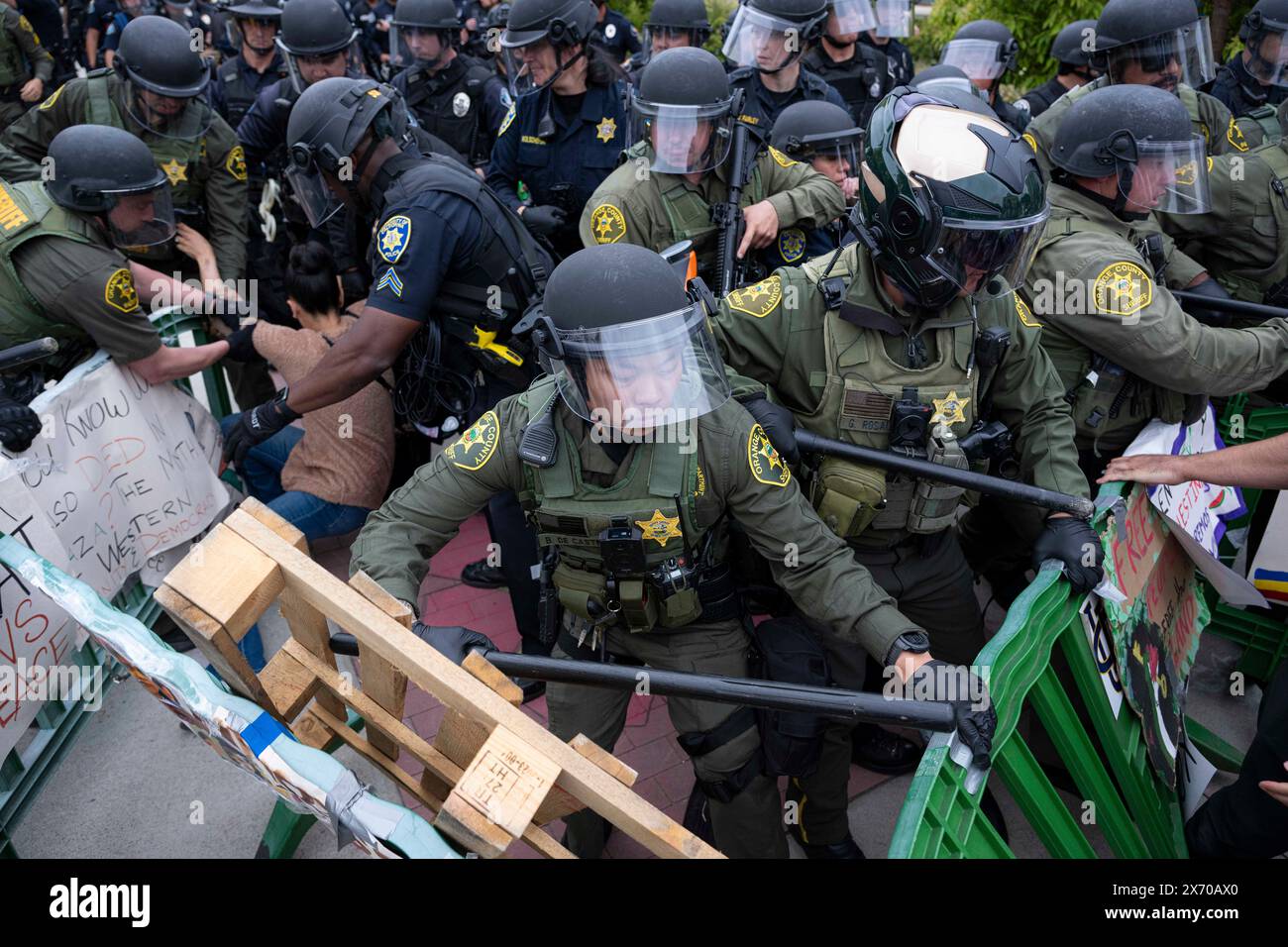 Gli agenti della SWAT irrompono attraverso la barriera dell'accampamento mentre prendono un manifestante in custodia per essere arrestato. Gli agenti di numerose agenzie di polizia della contea di Orange, in California, sono stati chiamati nel campus di Irvine dell'Università della California (UC) per sgombrare un accampamento palestinese in crescita che ha preso il controllo del centro dell'Università. Gli studenti si barricavano in cerchio, fortificando il loro perimetro con pallet di legno e vari altri oggetti per tenere fuori le autorità. Un totale di 50 manifestanti sono stati arrestati con l'accampamento completamente superato dai funzionari di polizia. Foto Stock