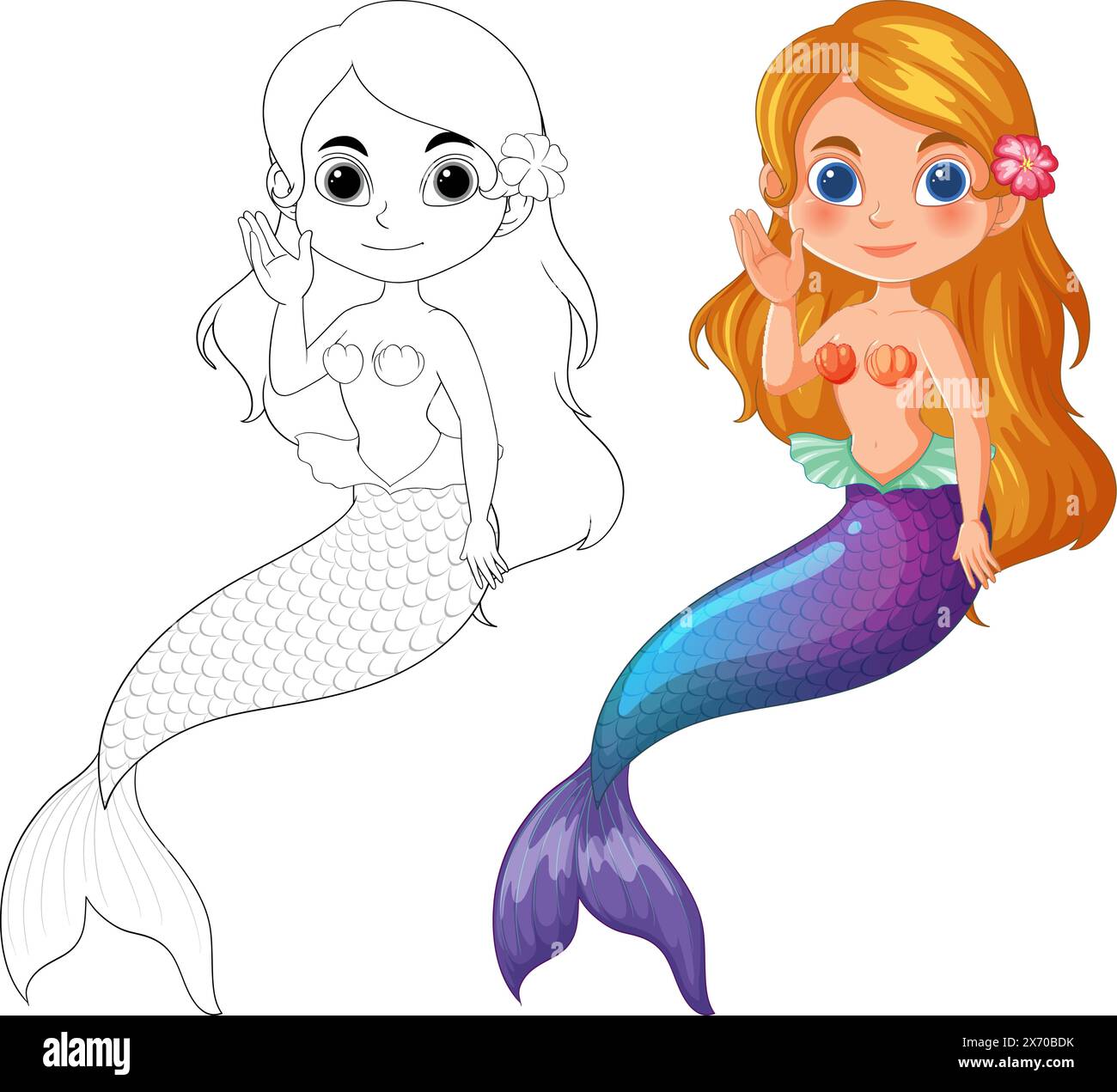 Due sirene, una colorata e una line art Illustrazione Vettoriale