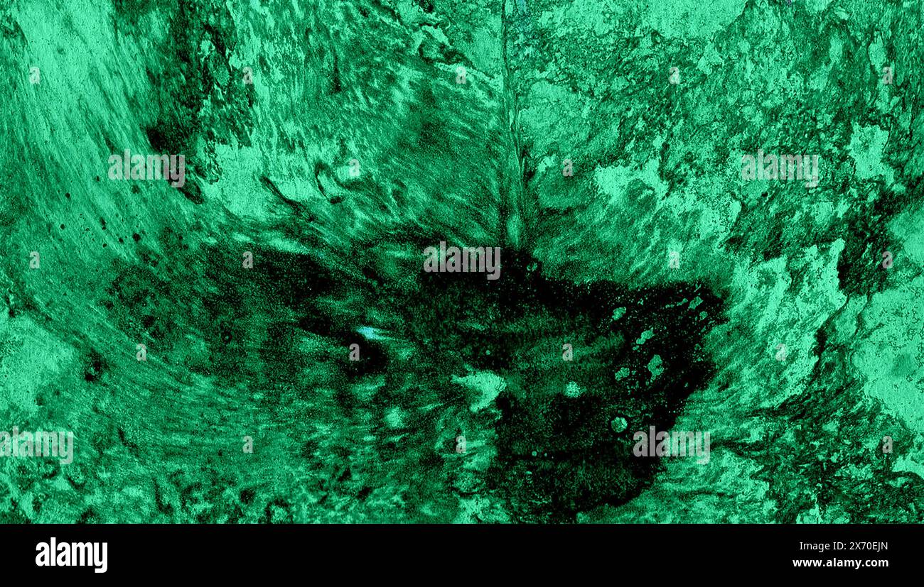 Sfondo texture astratto. Macchie e sfocature caotiche. Colori nero e verde che si mescolano tra loro per formare nuove sfumature. Turchese Una grande macchia scura Foto Stock