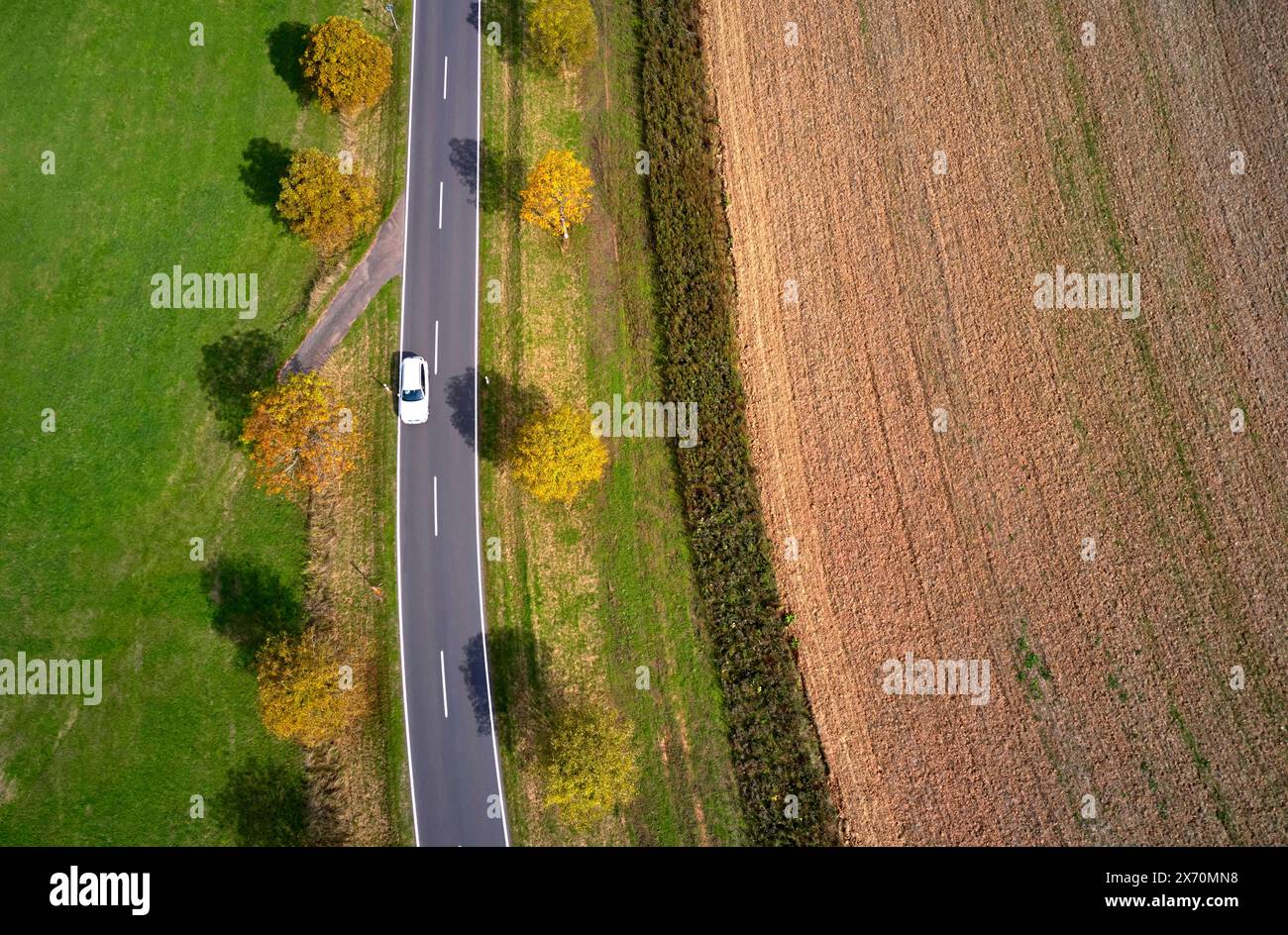 Strada panoramica nella campagna autunnale. Vista aerea Foto Stock