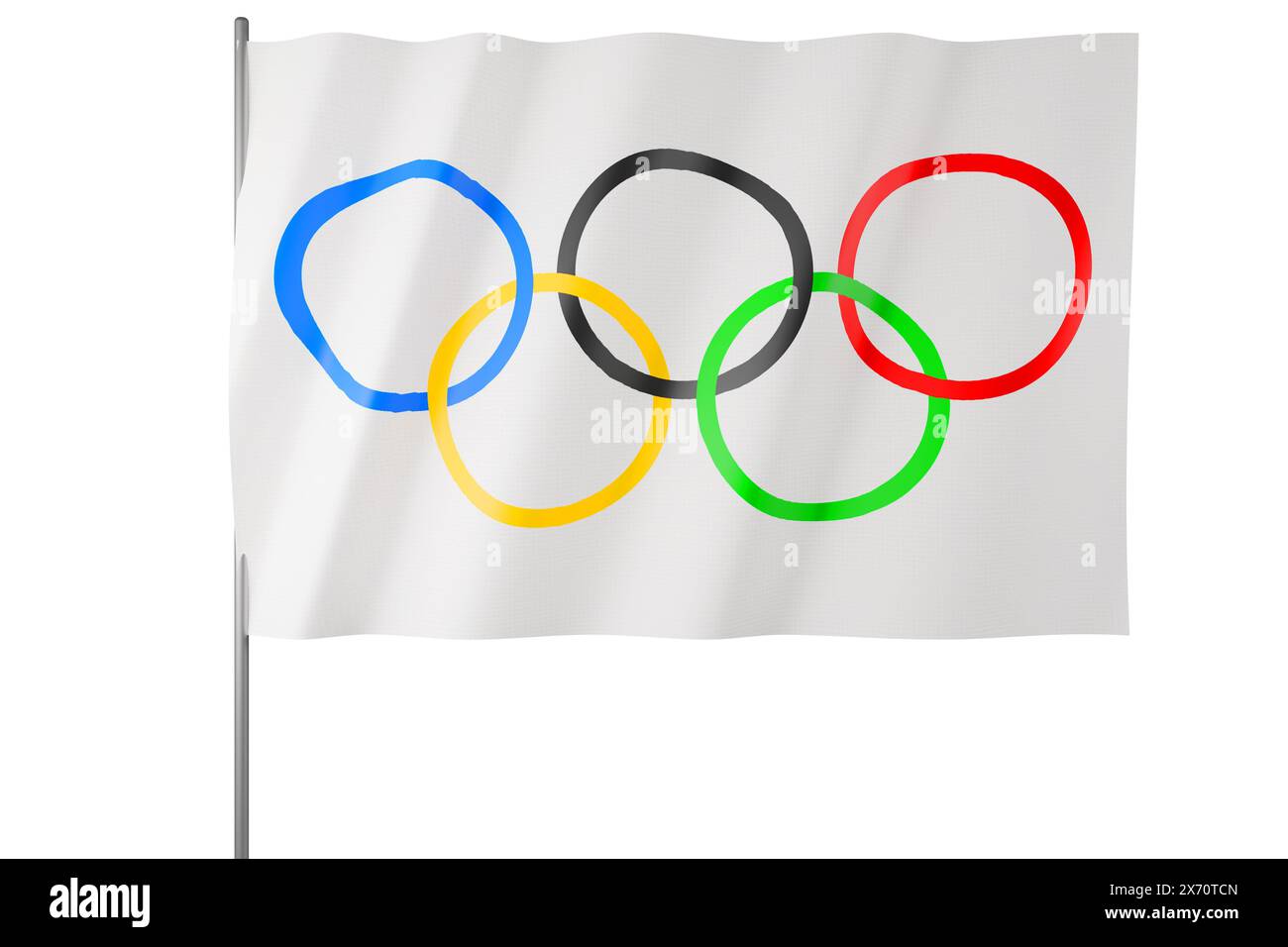 Bandiera olimpica con il simbolo ufficiale delle Olimpiadi. 5 cerchi, 5 continenti. Foto Stock