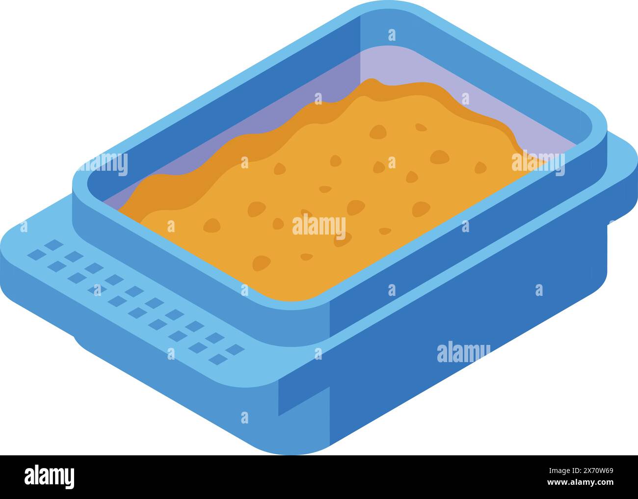 Illustrazione isometrica colorata di una scatola per rifiuti di gatto con sabbia, adatta per i concetti di cura degli animali domestici Illustrazione Vettoriale