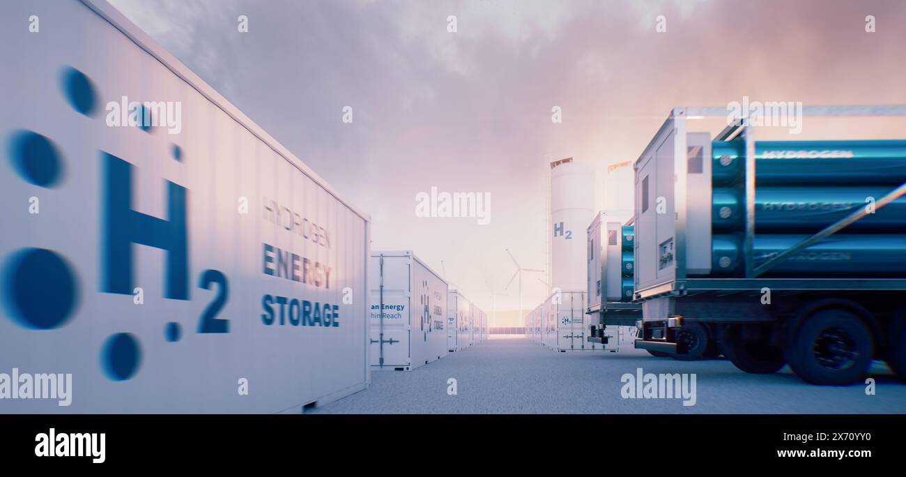Un parco industriale utilizzato per la produzione, lo stoccaggio e la distribuzione di turbine a idrogeno - eoliche, unità di elettrolisi containerizzate, camion di trasporto A. Foto Stock