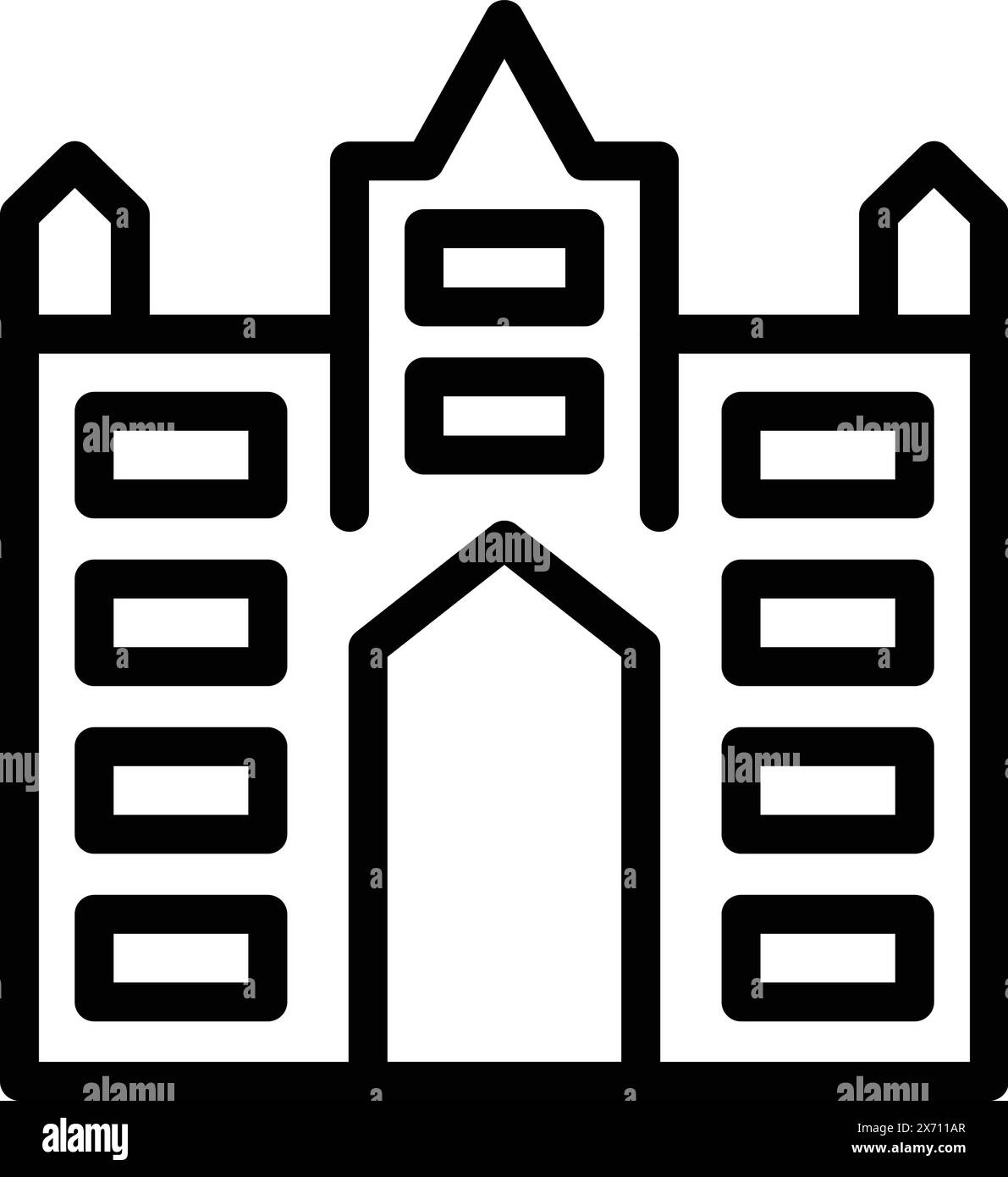 Iconica icona dell'architettura belga contorno vettoriale. Famoso punto di riferimento di Bruxelles. Edificio dal design gotico Illustrazione Vettoriale