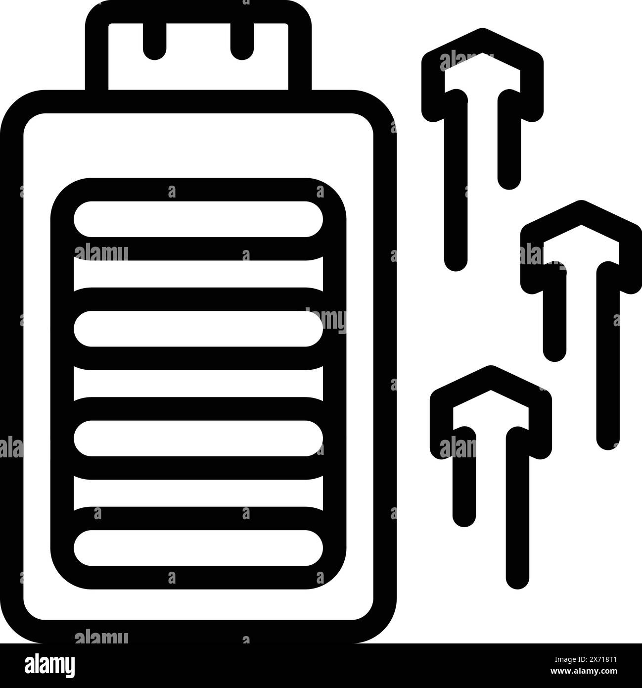 Icona con linea nera che rappresenta una batteria con frecce di ricarica, isolata su sfondo bianco Illustrazione Vettoriale