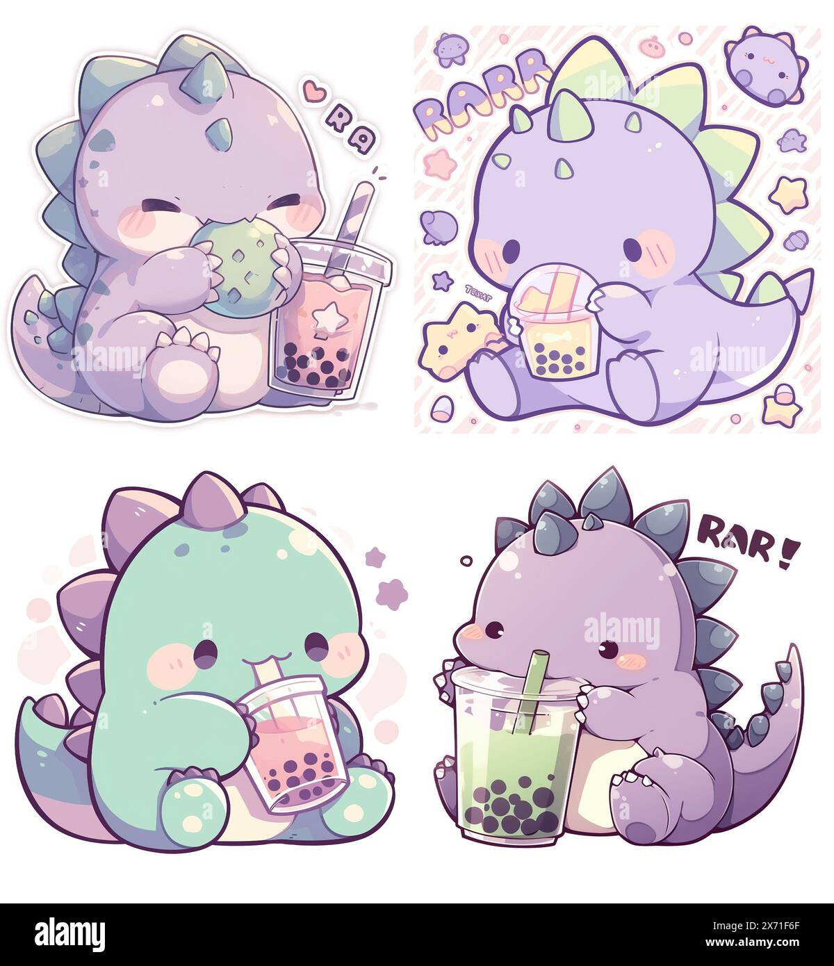 Boba tea dinosauro bevitore simpatico kawaii ilustrazioni per adesivi, emoticon, decorazione della stanza, logo, grafica, clipart, isolato, character design, Foto Stock