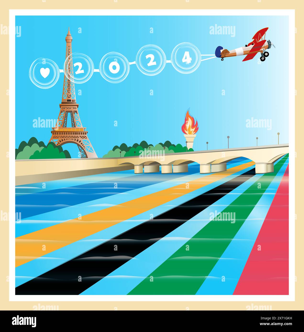 Parigi, Francia, luglio 2024. Le Olimpiadi estive. Con i colori degli anelli olimpici, la Torre Eiffel e la Senna. Sfondo blu e banner. Foto Stock
