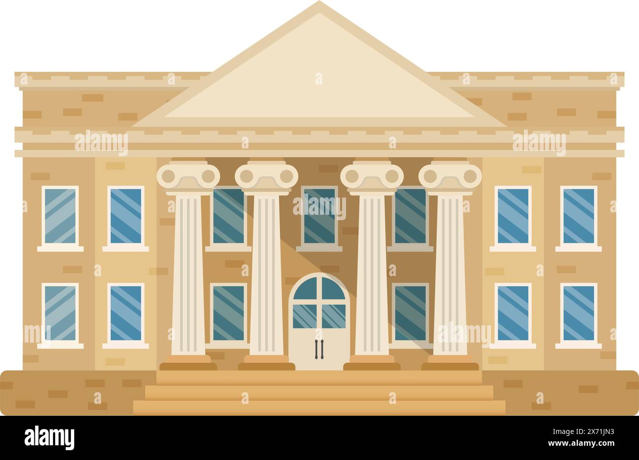 Icona di un edificio di banche in stile piatto. Illustrazione dei vettori del dipartimento di finanziamento su sfondo isolato. Tribunale con colonne che indicano il concetto di business. Illustrazione Vettoriale