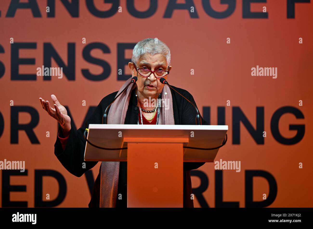 LEOPOLI, UCRAINA - 16 MAGGIO 2024 - lo studioso letterario americano, filosofo, professore della Columbia University Gayatri Chakravorty Spivak parla al Xth Lviv Media Forum sul tema: "Lingua per la comprensione: Ricerca del significato nel mondo polarizzato", Leopoli, Ucraina occidentale. Foto Stock