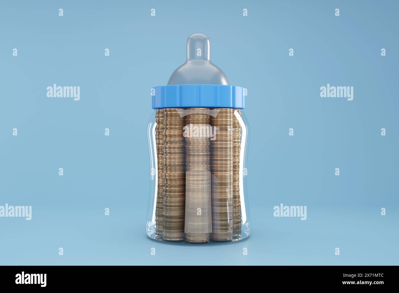 Biberon con monete dorate su sfondo azzurro. Costo per crescere un figlio, risparmi bancari e investimenti finanziari per i bambini Foto Stock