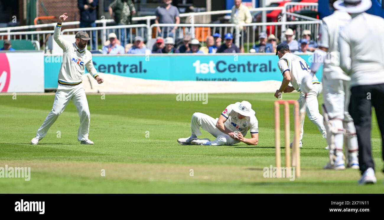 Hove UK 17 maggio 2024 - Finlay Bean dello Yorkshire si tuffa per prendere un becco per licenziare Tom Alsop del Sussex per 8 corse fuori dal bowling di George Hill durante il primo giorno della partita di cricket Vitality County Championship League Two tra Sussex e Yorkshire al 1° Central County Ground a Hove : Credit Simon Dack /TPI/ Alamy Live News Foto Stock