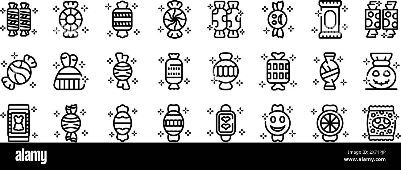 Icona vettoriale degli avvolgitori di caramelle. Una collezione di caramelle e icone del cibo in bianco e nero. Le icone includono un orologio, una palla, una borsa e una caramella Illustrazione Vettoriale