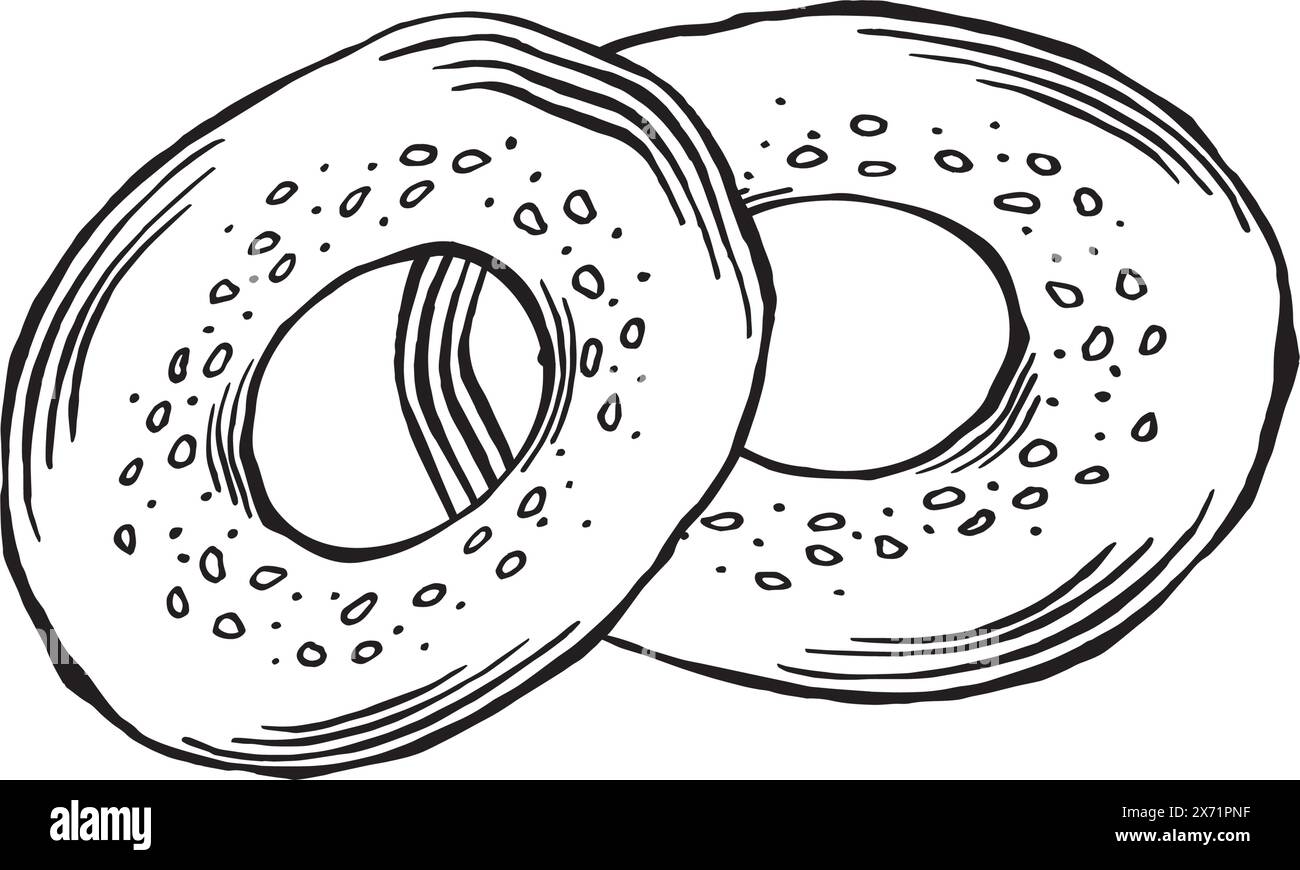 Bagls, fast food americano. Illustrazione vettoriale isolata, lineare. Prodotti da forno. Disegna a mano il simbolo del pane tradizionale. Modello prodotto nutrizionale Illustrazione Vettoriale