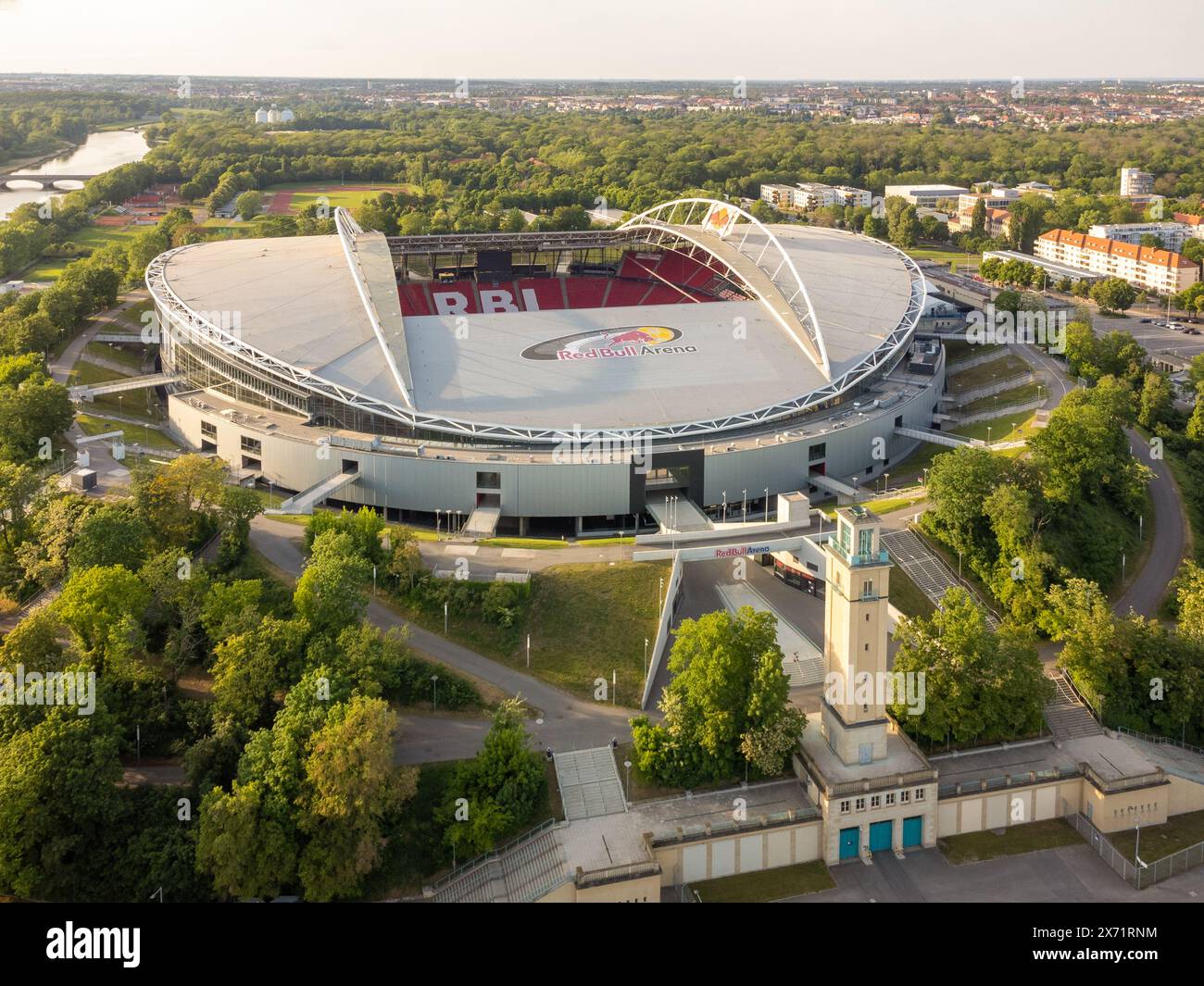 Lipsia, Germania - 09 maggio 2024: Veduta aerea della Red Bull Arena di Lipsia Foto Stock