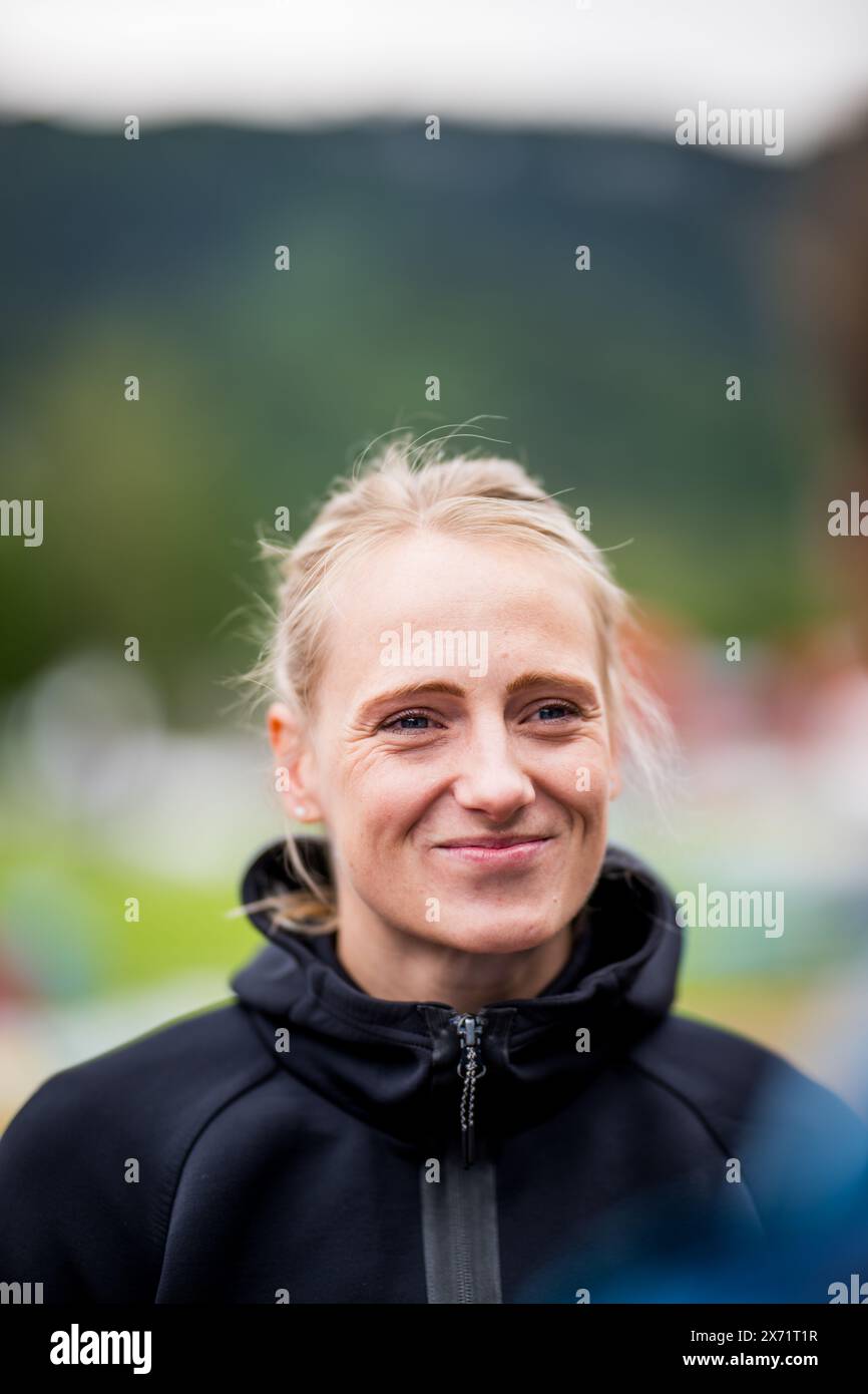 Gotzis, Austria. 17 maggio 2024. Dutch Anouk Vetter parla con la stampa in vista di una sessione di allenamento in vista dell'Hypo-Meeting, IAAF World Combined Events Challenge, nello stadio Mosle di Gotzis, Austria, venerdì 17 maggio 2024. BELGA PHOTO JASPER JACOBS credito: Belga News Agency/Alamy Live News Foto Stock