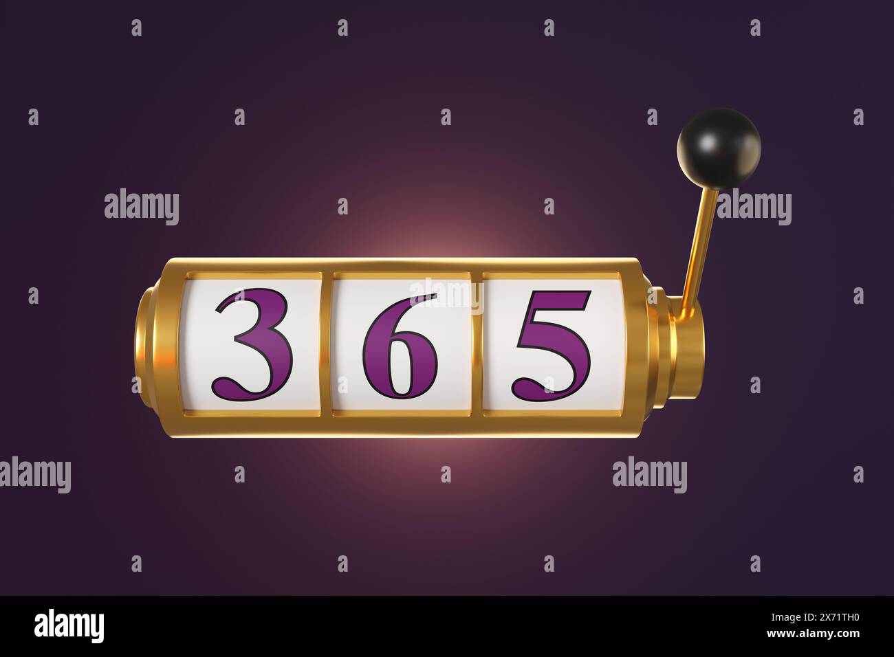 Slot machine Golden Casino con un manico che mostra il numero 365 su sfondo viola scuro. Illustrazione del concetto di celebrazioni annuali, annuali Foto Stock