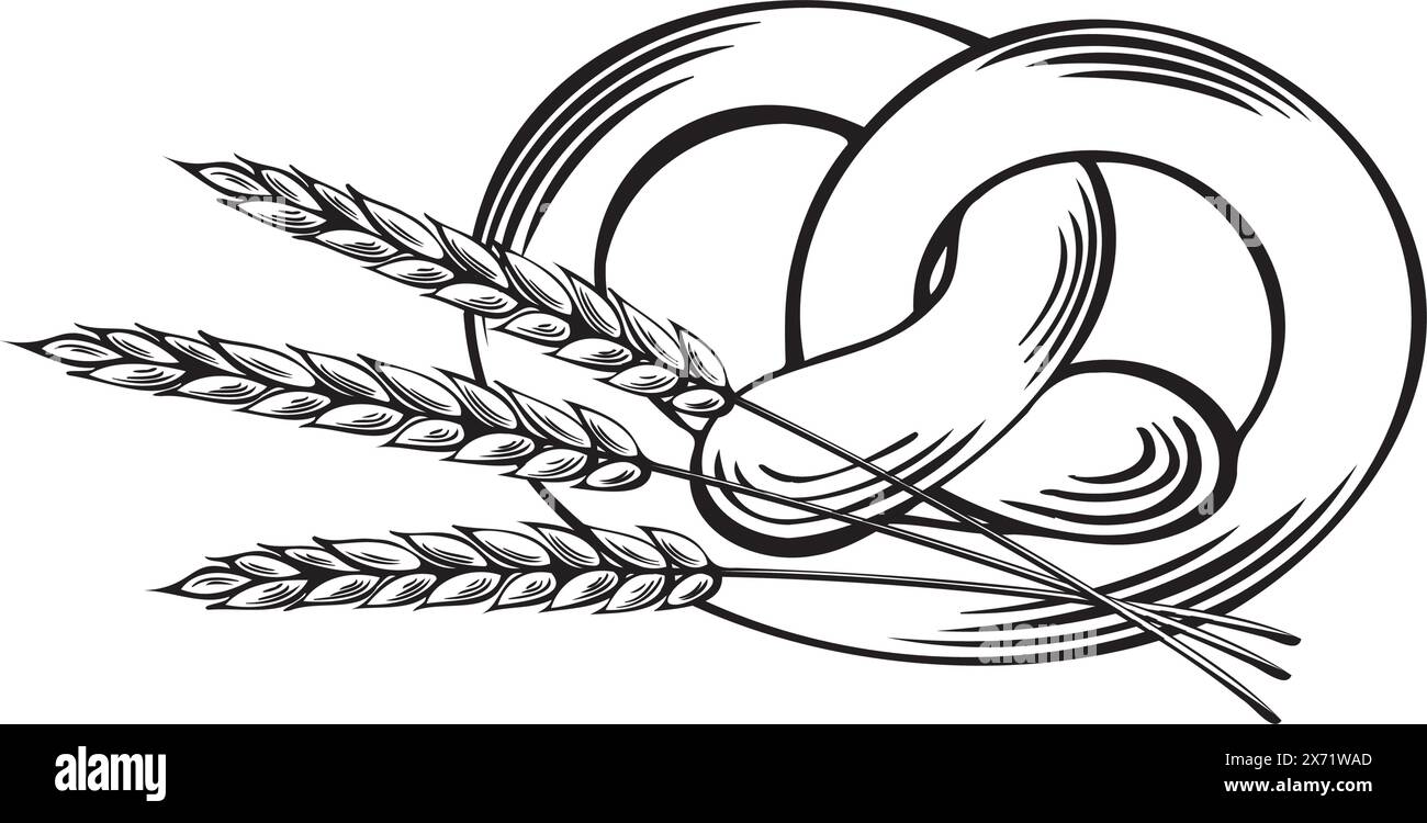 Pretsel e orecchie di grano. Prodotti da forno octoberfest, pane tedesco. Illustrazione piatta vettoriale lineare, isolata. Sereals per la produzione di farina. Modello per W Illustrazione Vettoriale