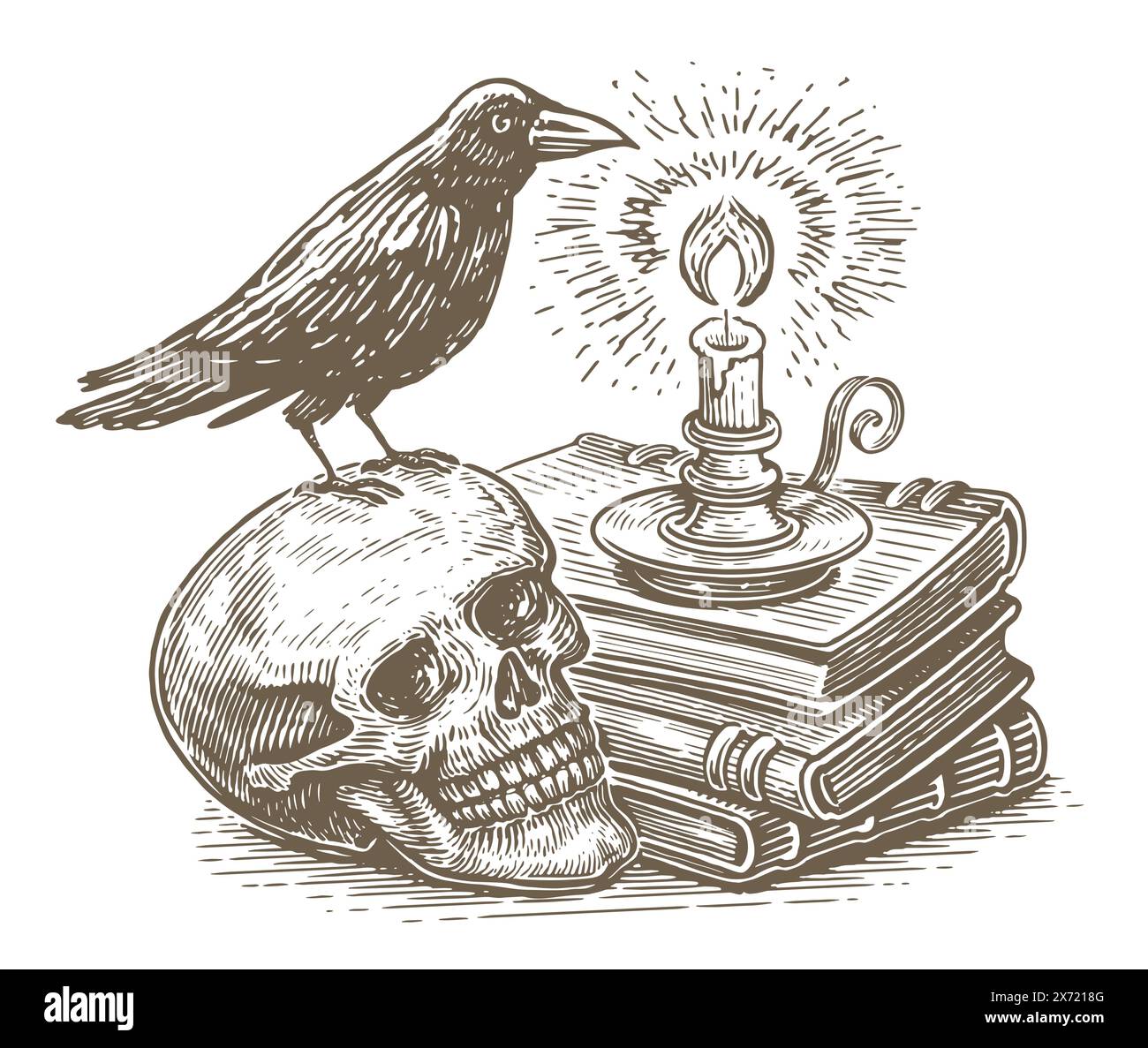 Candela e libri con incantesimi magici, teschio umano con corvo seduto sopra. Stregoneria, occulto, esoterico, definizione Illustrazione Vettoriale