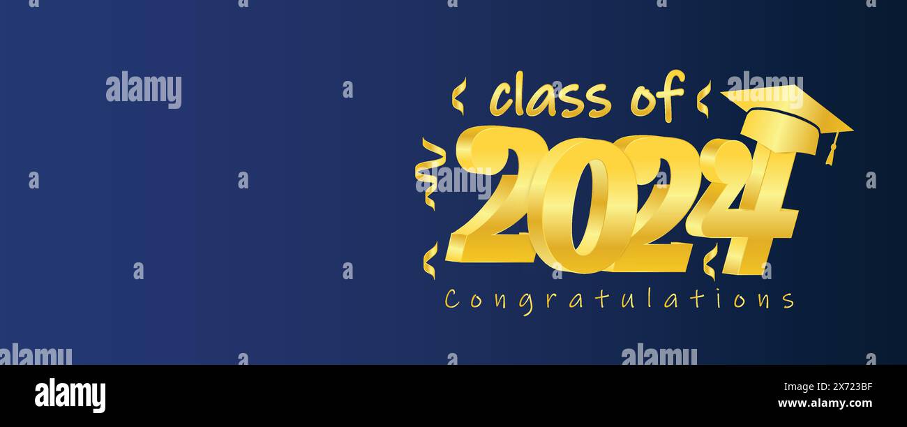 Classe 2024, banner per scrittura di parole Congratulazioni modello di laurea per design party liceo o college, lettere per laureati con cappello accademico Illustrazione Vettoriale