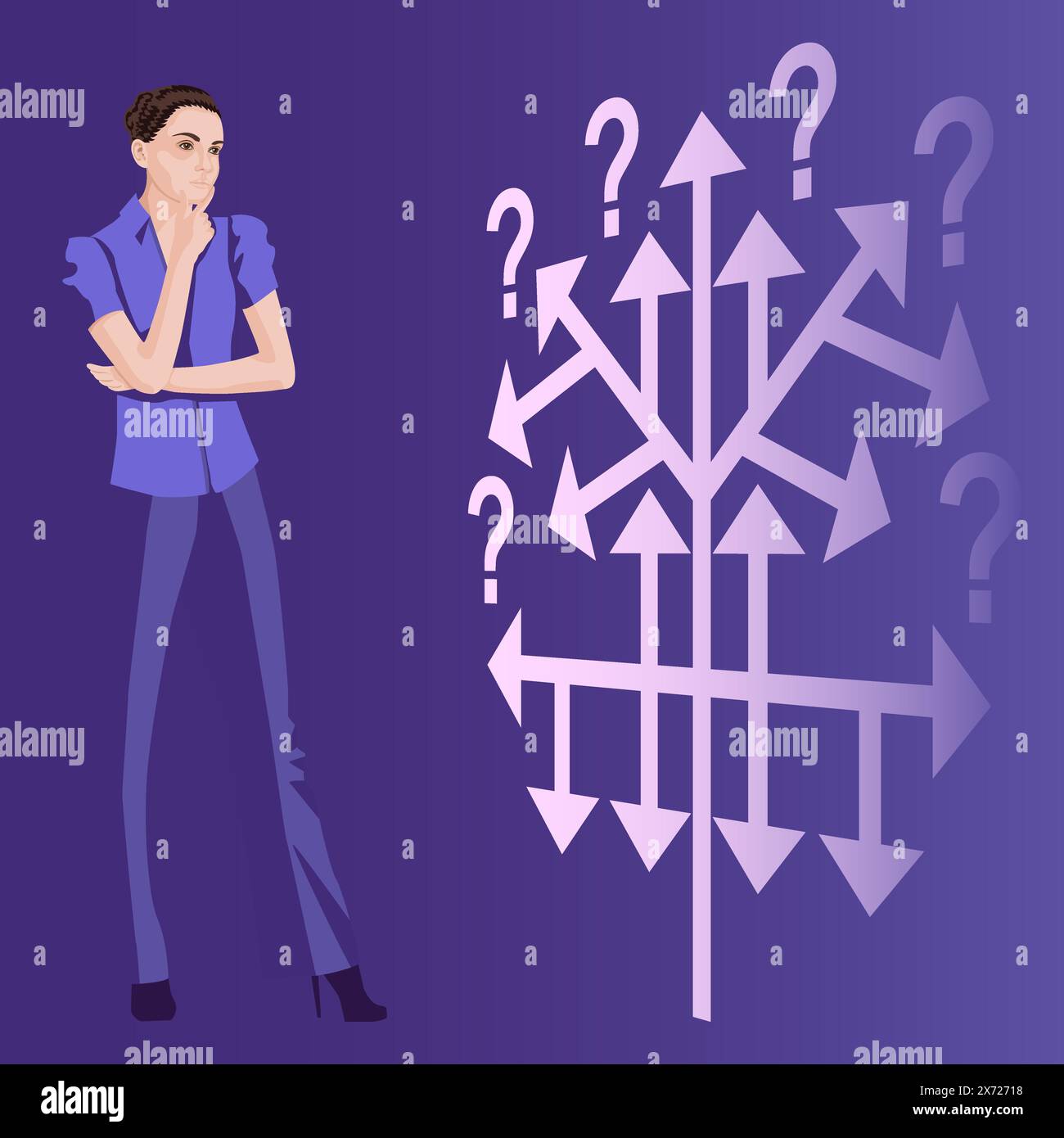 La donna utilizza un albero decisionale per identificare un problema o un'opportunità nel processo decisionale. Concetto di business. Illustrazione vettoriale piatta. Illustrazione Vettoriale