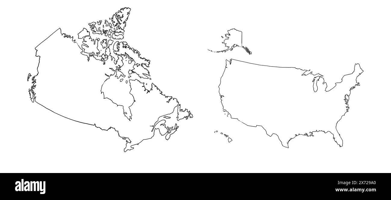Disegno dei contorni di USA e Canada. Illustrazione della mappa dei grandi paesi. Foto Stock