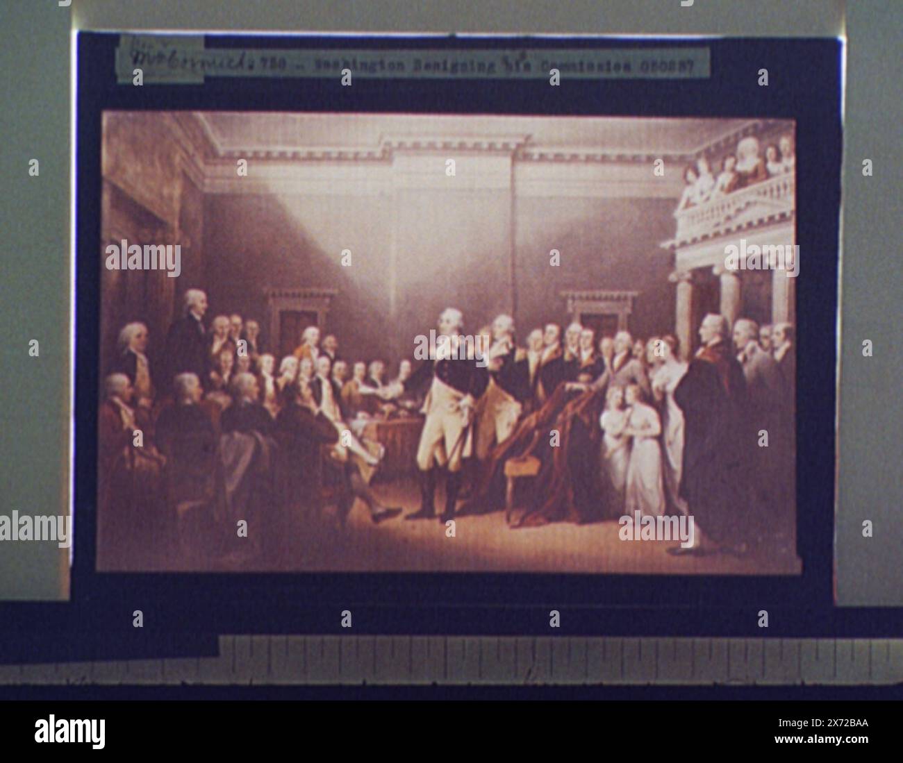 Il generale Washington si dimette dal suo incarico al Congresso, Annapolis, MD, 23 dicembre 1783, Title based on negative D416-9870., Date based on Detroit, Thistle Publications (1912)., 'McCormick's 758' on Transparency., Photograph of a painting of John Trumbull in the United States Capitol, Washington, D.C., Detroit Publishing Co. n. 050237., Gift; State Historical Society of Colorado; 1949, Washington, George, 1732-1799. , Dimissioni. , Capitoli. , Interni. , Organi legislativi. , Stati Uniti, Maryland, Annapolis. Foto Stock