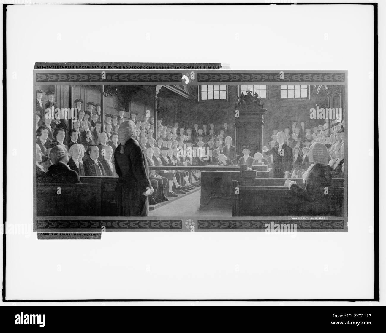 L'esame di Franklin da parte della camera dei comuni nel 1766, fotografia di un dipinto protetto da copyright della Franklin Foundation., Detroit Publishing Co. N. M 28059., Gift; State Historical Society of Colorado; 1949, Franklin, Benjamin, 1706-1790. , Organi legislativi. , Inghilterra, Londra. Foto Stock