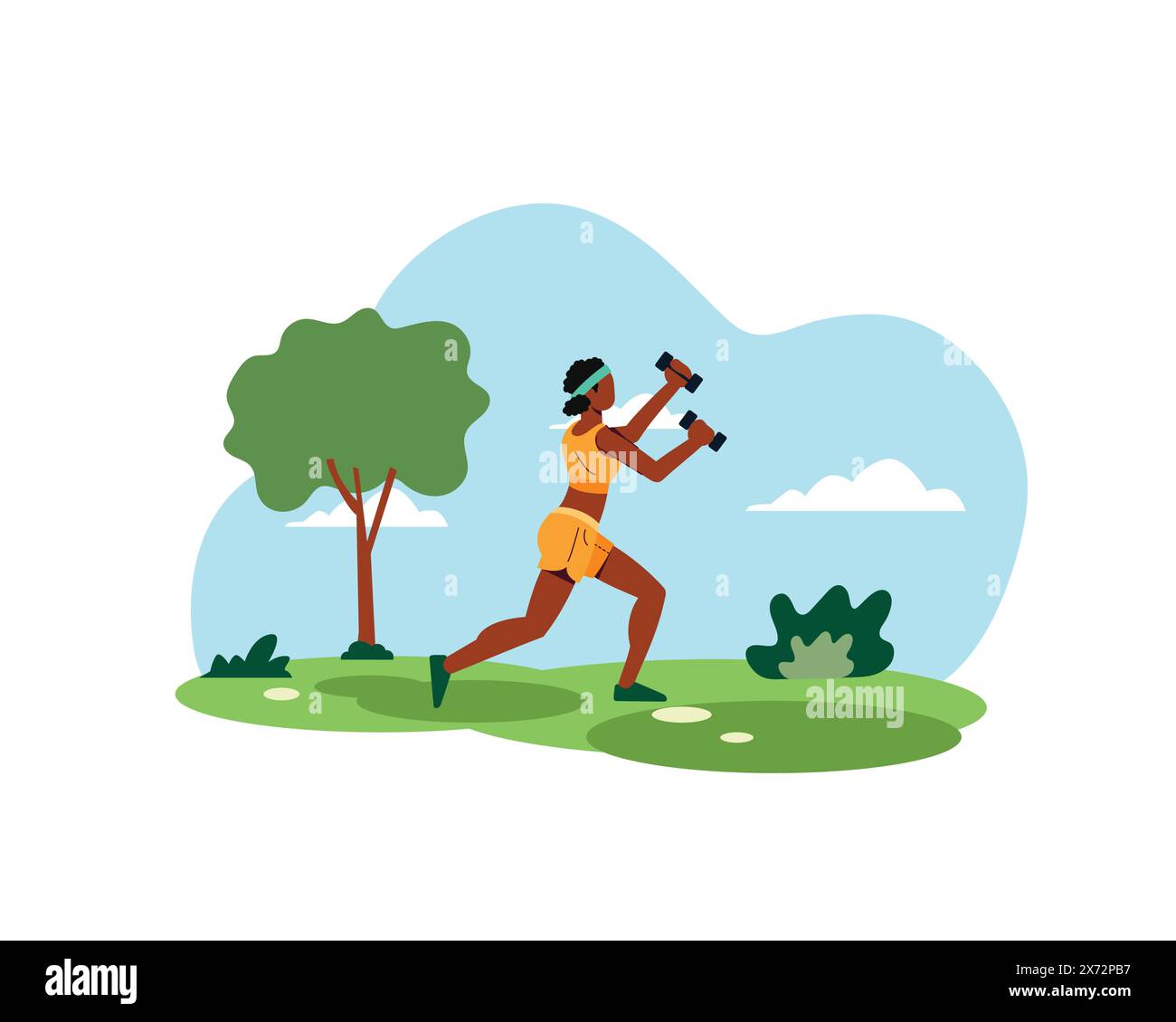 Giovane donna che fa esercizio usando pesi in entrambe le mani. stile di vita sano e tempo libero. Design piatto per attività sportive e ricreative. Illustrazione Vettoriale