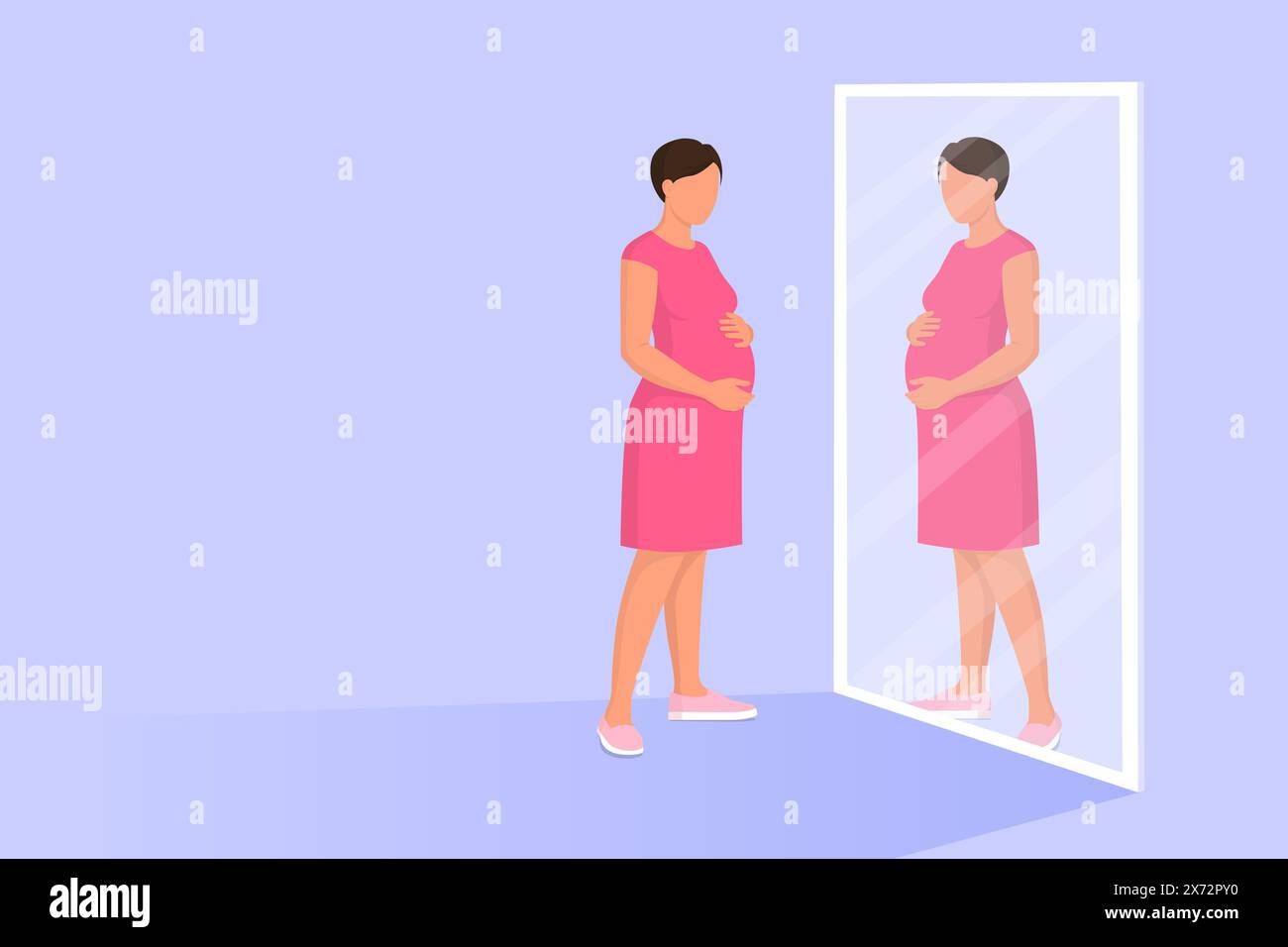 Donna incinta che guarda se stessa allo specchio e tiene la pancia: Concetto di maternità Illustrazione Vettoriale