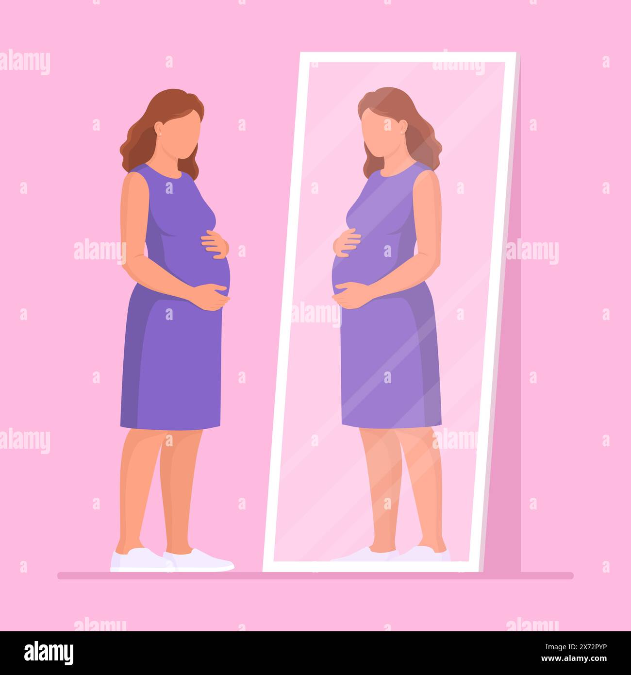 Donna incinta che guarda se stessa allo specchio e tiene la pancia: Concetto di maternità Illustrazione Vettoriale