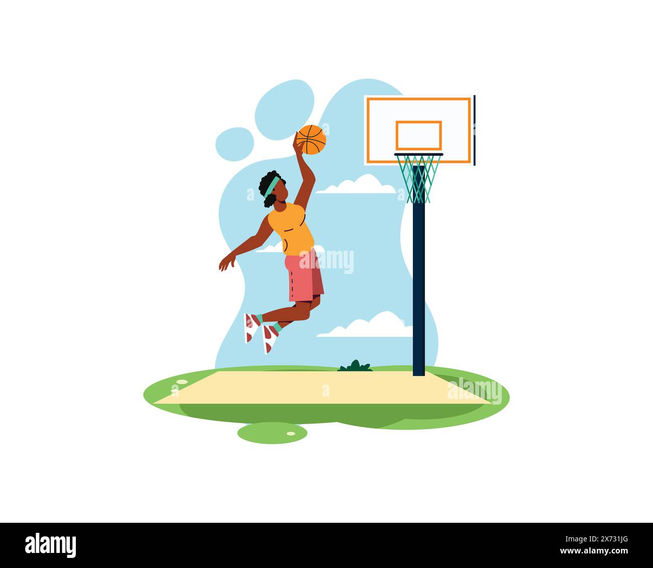 La giocatrice di basket fa schifo la palla mentre salta in alto. concetto di sport e ricreazione. Illustrazione di uno stile di vita sano in un design flatstyle Illustrazione Vettoriale