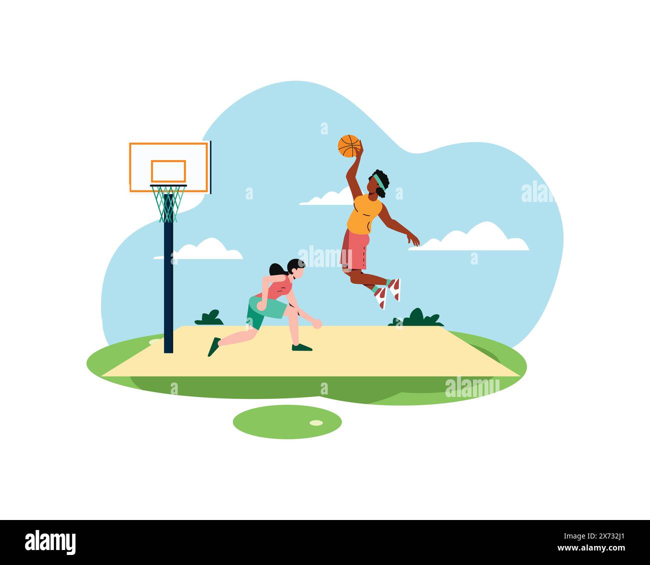 Due donne che giocano a basket si stanno esercitando e una sta per fare uno slam Dunk. concetto di sport e ricreazione. Illustrazione di uno stile di vita sano in appartamento Illustrazione Vettoriale
