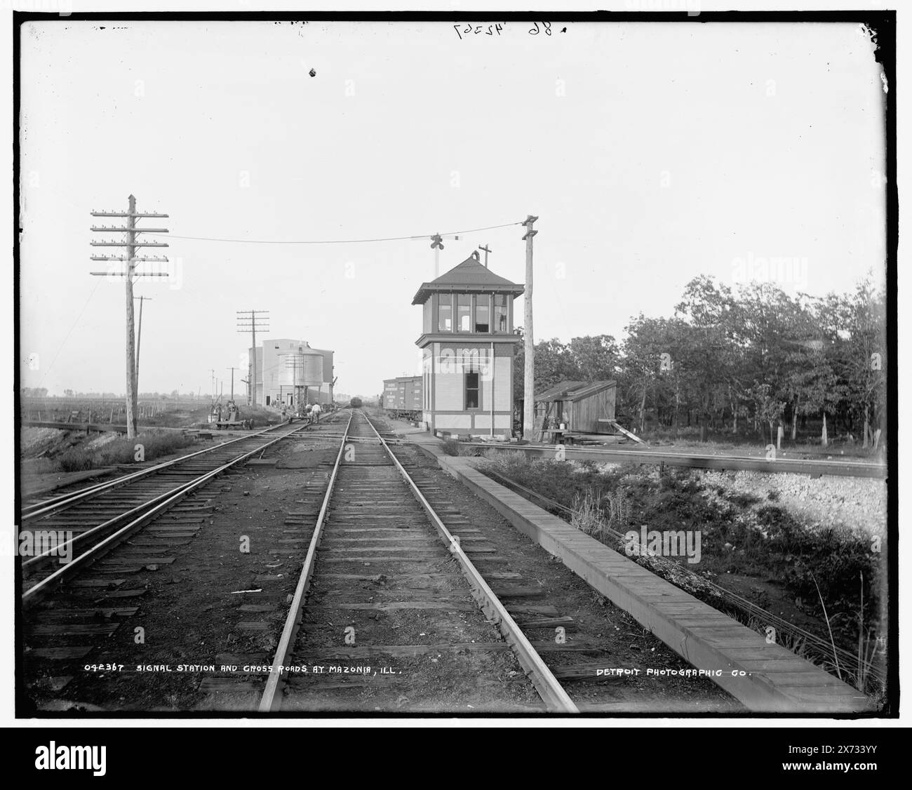 Stazione di segnalazione e incrocio a Mazonia, Ill., '86' in negativo., Detroit Publishing Co. N.. 042367., Gift; State Historical Society of Colorado; 1949, attraversamenti ferroviari. , Torri di segnalazione della ferrovia. , Stati Uniti, Illinois, Mazonia. Foto Stock