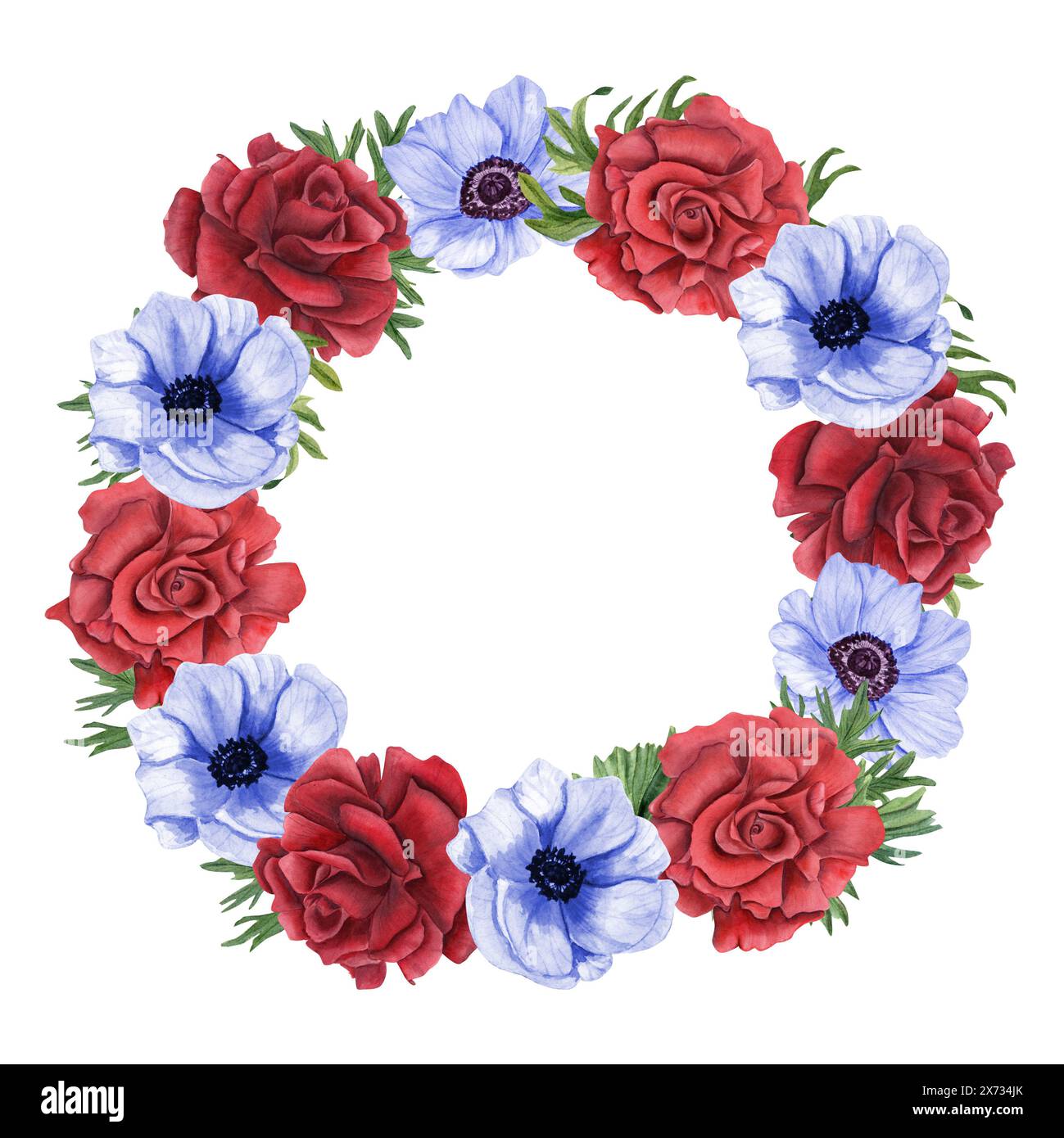Corona floreale ReMemorance Day in rosso e blu. Rose e anemoni con foglie verdi. Memorial Day, Independence Day. Fiori da giardino. Foto Stock