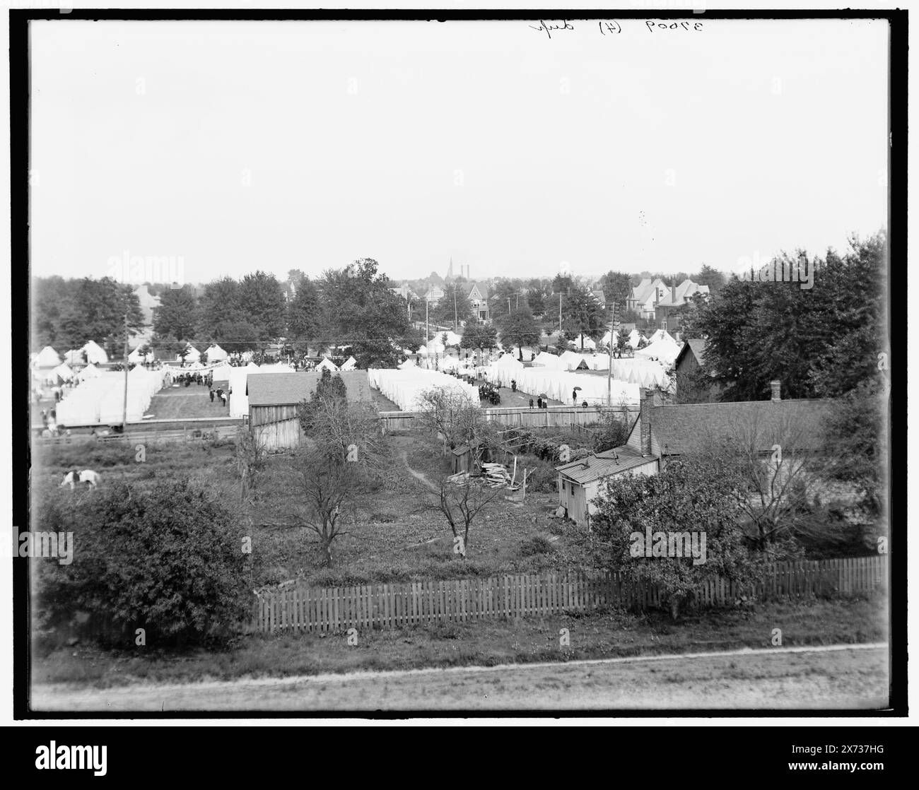 Detroit, Mich., Camp Pingree, quattro foto formano un unico panorama con varianti ravvicinate del centro sinistro, del centro destro e delle sezioni destra., Detroit Publishing Co. N. 037009., Gift; State Historical Society of Colorado; 1949, campi militari. , Stati Uniti, Michigan, Detroit. Foto Stock
