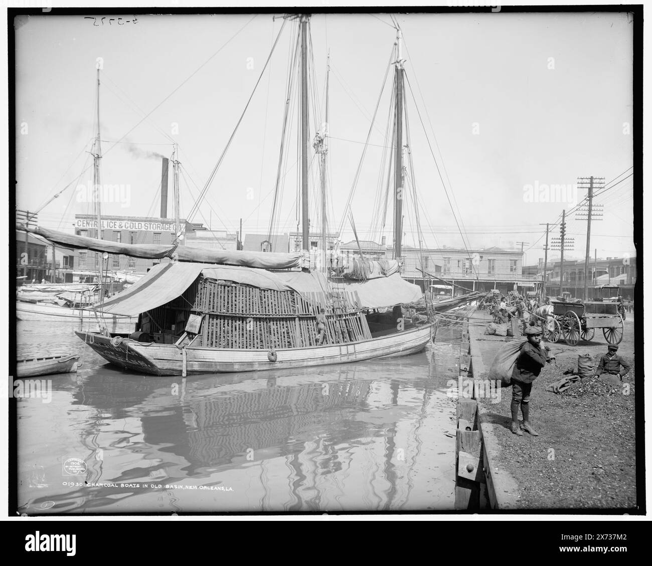 Barche a carbone a Old Basin, New Orleans, Laos., "G 3755" su negative., Detroit Publishing Co. N.. 019301., Gift; State Historical Society of Colorado; 1949, barche a vela. , Carbone. , Moli e moli. , Stati Uniti, Louisiana, New Orleans. Foto Stock