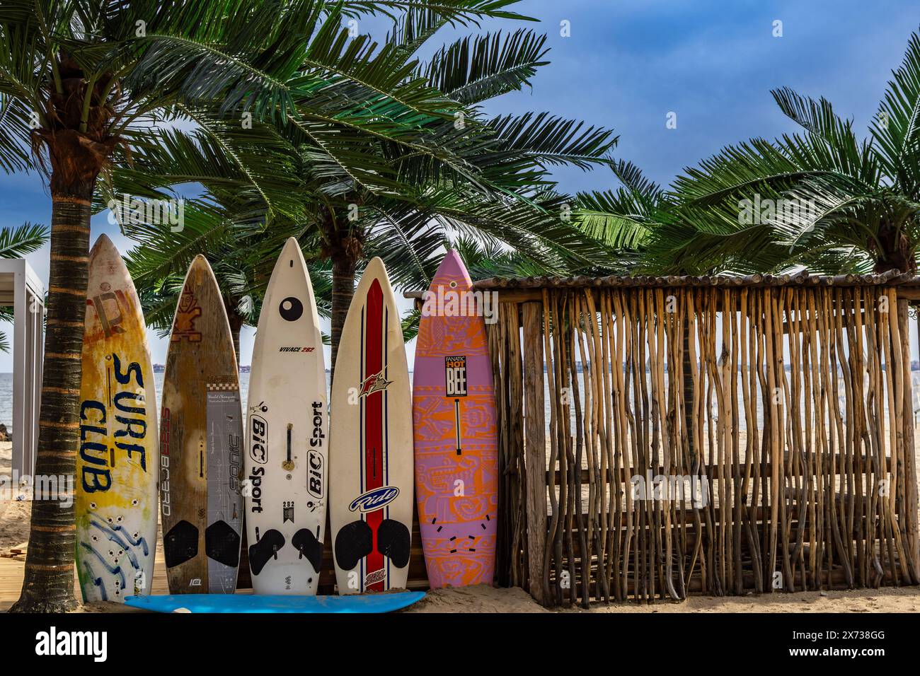 Surf bar sulla spiaggia nel resort marino Sunny Beach, Bulgaria Foto Stock