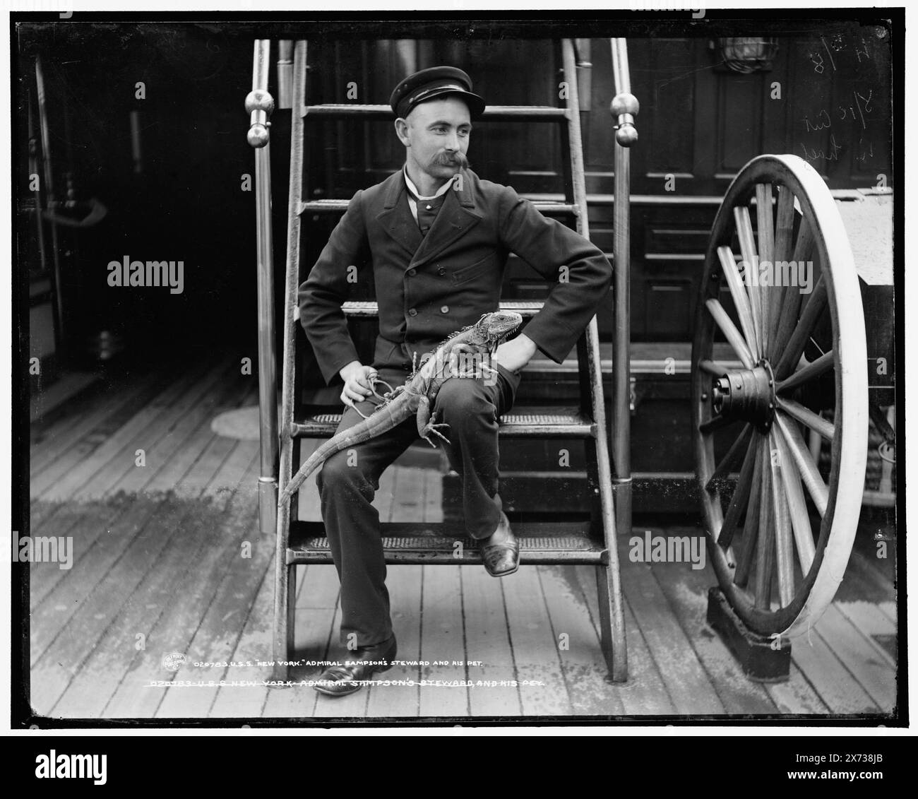 U.S.S. New York, Admiral Sampson's steward and His PET, Attribution based on negative D4-20739., Date based on Detroit, Catalogue J (1901)., Detroit Publishing Co. N.. 020783., Gift; State Historical Society of Colorado; 1949, New York (Cruiser) , Stati Uniti., Navy. , Cruisers (navi da guerra), americano. , Stewards. , Lucertole. , Animali domestici. , Ufficiali militari, americani. Foto Stock