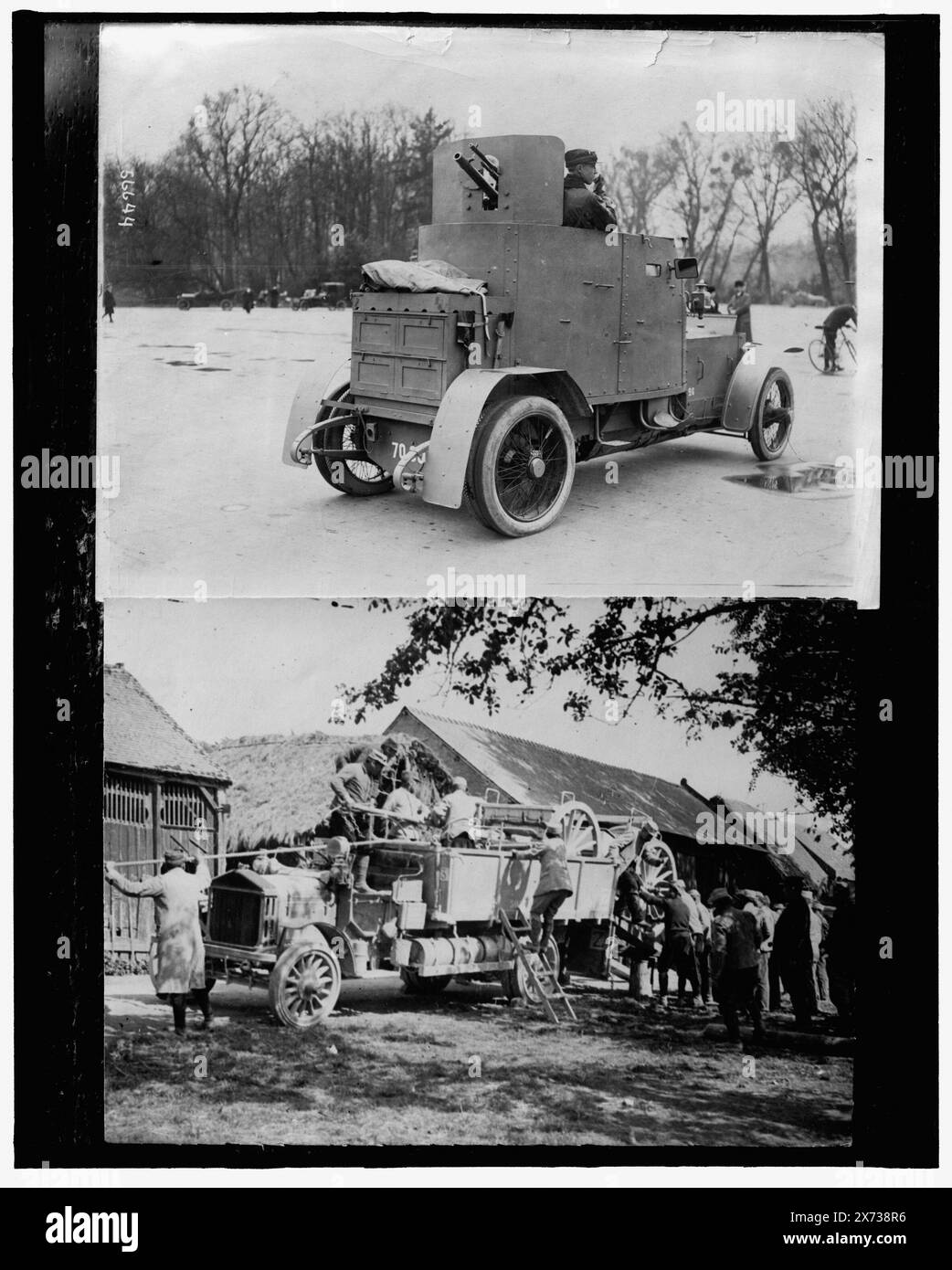 Armored car ; Soldiers unloading equipment from Truck, Title Designed by cataloger., Photo of two photographic prints; probably World War I., '56644' on top photographic print., No Detroit Publishing Co. No., Gift; State Historical Society of Colorado; 1949, Armored Vehicles. , Camion. , Soldati. , Guerra Mondiale, 1914-1918. Foto Stock