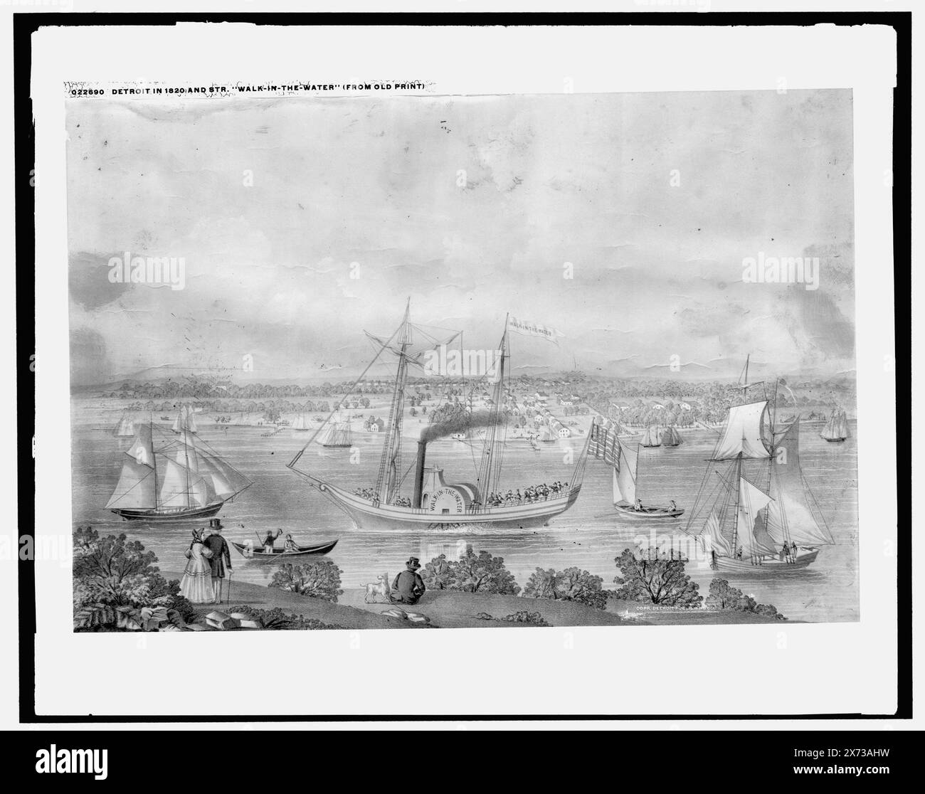 Detroit nel 1820 e Str. Walk-in-the-Water (da vecchia stampa), fotografia di un'incisione o litografia realizzata negli anni '1800, Detroit Publishing Co. N. 022690., Gift; State Historical Society of Colorado; 1949, Walk-in-the-water (battello a vapore) , battelli a vapore. , Stati Uniti, Michigan, Detroit. Foto Stock