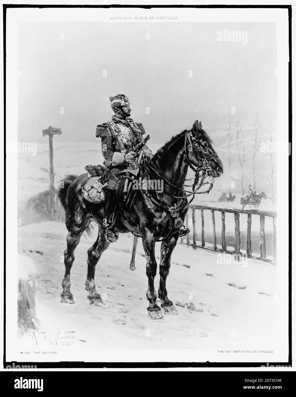 The Outpost, Date based on Detroit, Thistle Publications (1912)., Fotografia di un dipinto firmato 'A. de Neuville, 1872' presso l'Art Institute of Chicago., Detroit Publishing Co. N. M 543., Gift; State Historical Society of Colorado; 1949, Military Officers. , Equitazione. , Campi militari. Foto Stock