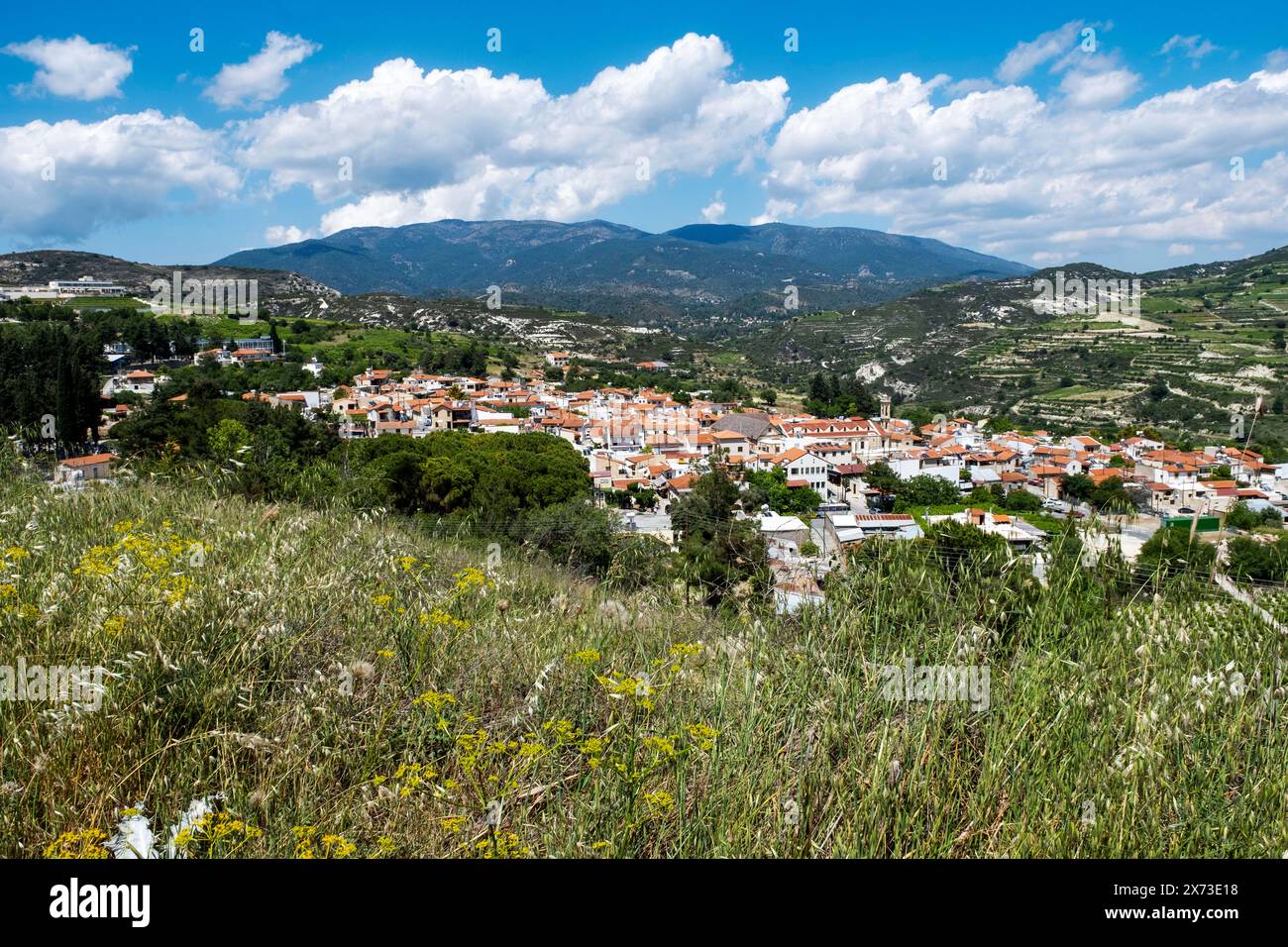 Cipro: Vista del villaggio di Omodos ai piedi dei monti Troodos, con il Monte Olimpo in lontananza. Foto Stock