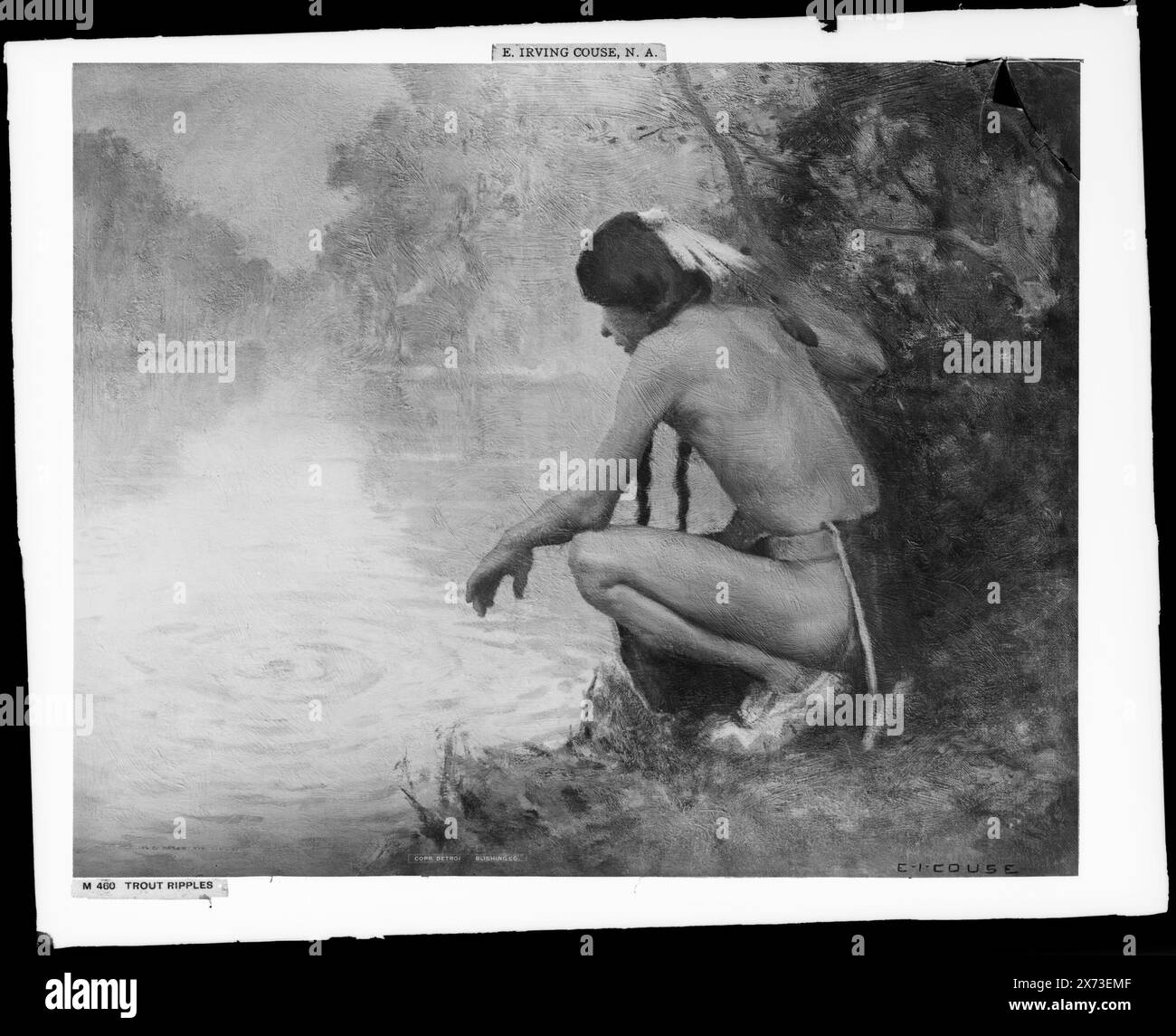 Trout Ripples, Date based on Detroit, Thistle Publications (1912)., negative broken upper right., Photograph of painting signed 'E.I. Couse.', Detroit Publishing Co. N. M460., Gift; State Historical Society of Colorado; 1949, Indians of North America, attività di sussistenza. , Pesca. Foto Stock