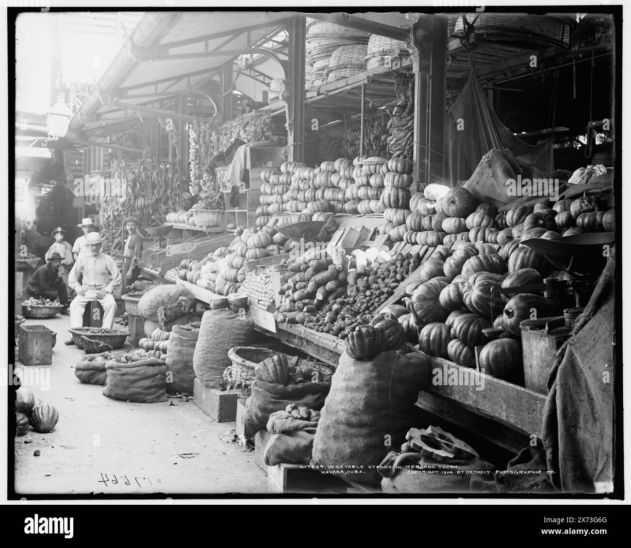 Vegetable stand in Mercado Tocon es. Tacon, Havana, Cuba, '174' su negative., Detroit Publishing Co. N. 017664., Gift; State Historical Society of Colorado; 1949, verdure. , Mercati. , Cuba, l'Avana. Foto Stock