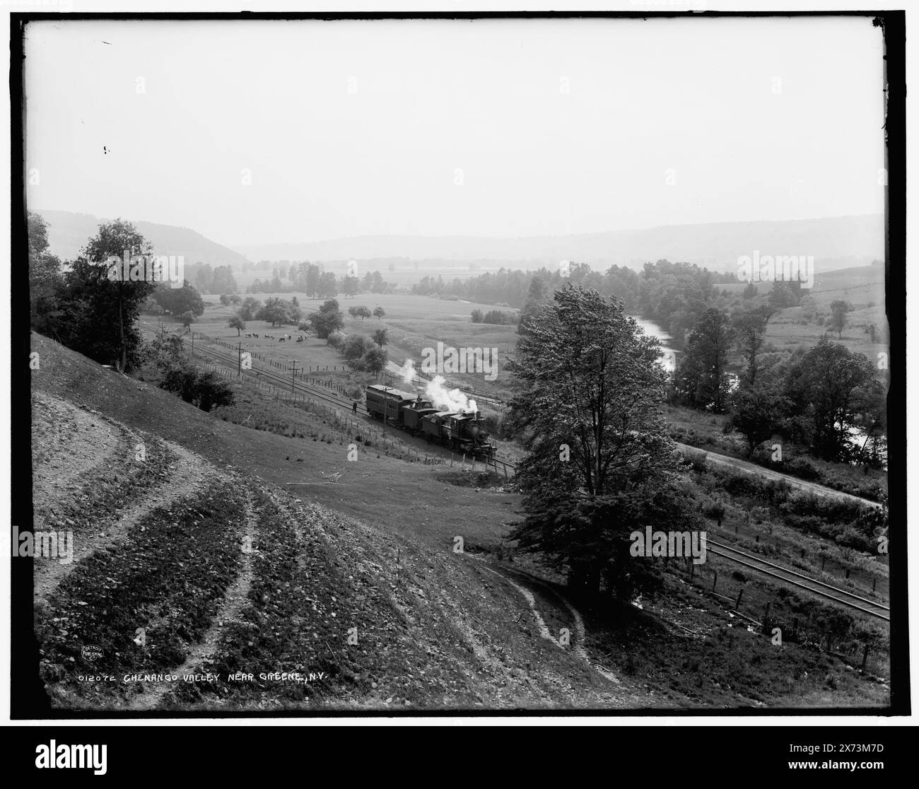 Chenango Valley Near Greene, N.Y., Data basata su Detroit, Catalogo J (1901)., 'Detroit Photographic Co.' su cartello sul treno., Detroit Publishing Co. N. 012072., Gift; State Historical Society of Colorado; 1949, Detroit Publishing Co., Valleys. , Ferrovie. , Stati Uniti, New York (Stato), Greene. , Stati Uniti, New York (Stato), fiume Chenango. Foto Stock