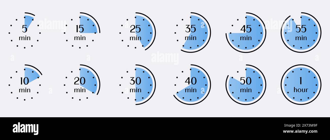 Rappresentazione visiva degli intervalli di tempo da 5 minuti a 1 ora. Icone di timer, orologio, cronometro isolate Illustrazione Vettoriale