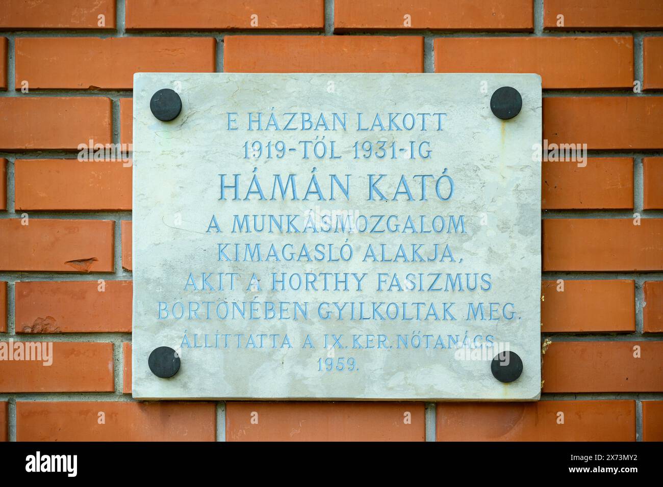 La targa di Kató Hámán al Parco Memento, Budapest, Ungheria Foto Stock